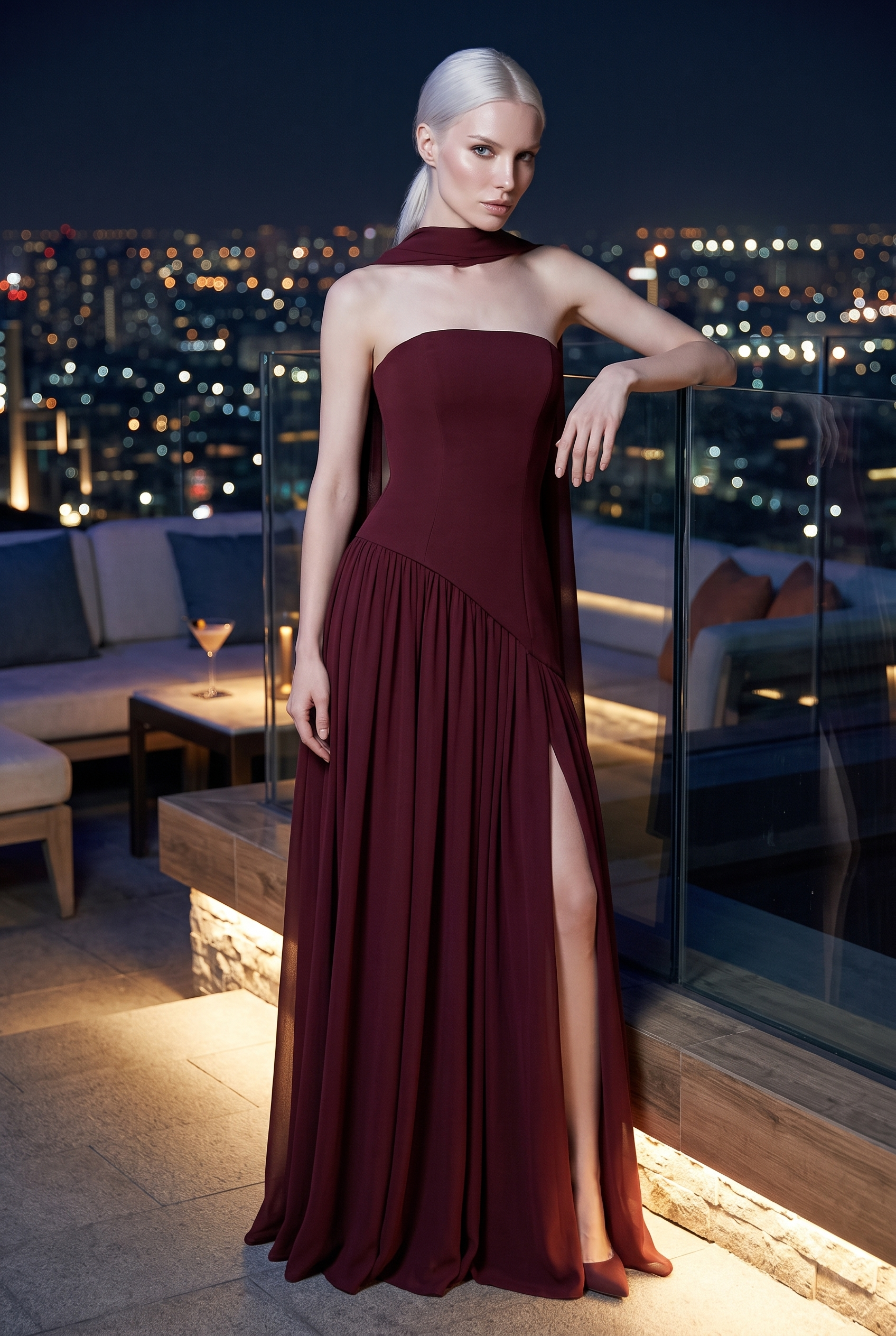 Burgundy Strapless Chiffon Maxi Dress with Cape Scarf - Lifestyle