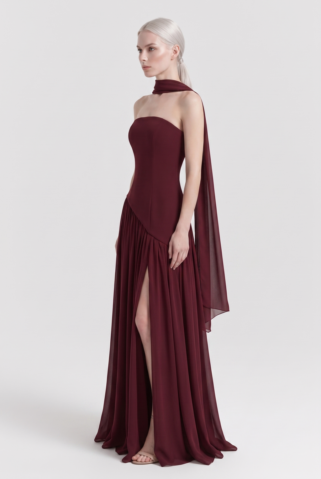 Burgundy Strapless Chiffon Maxi Dress with Cape Scarf - Side View