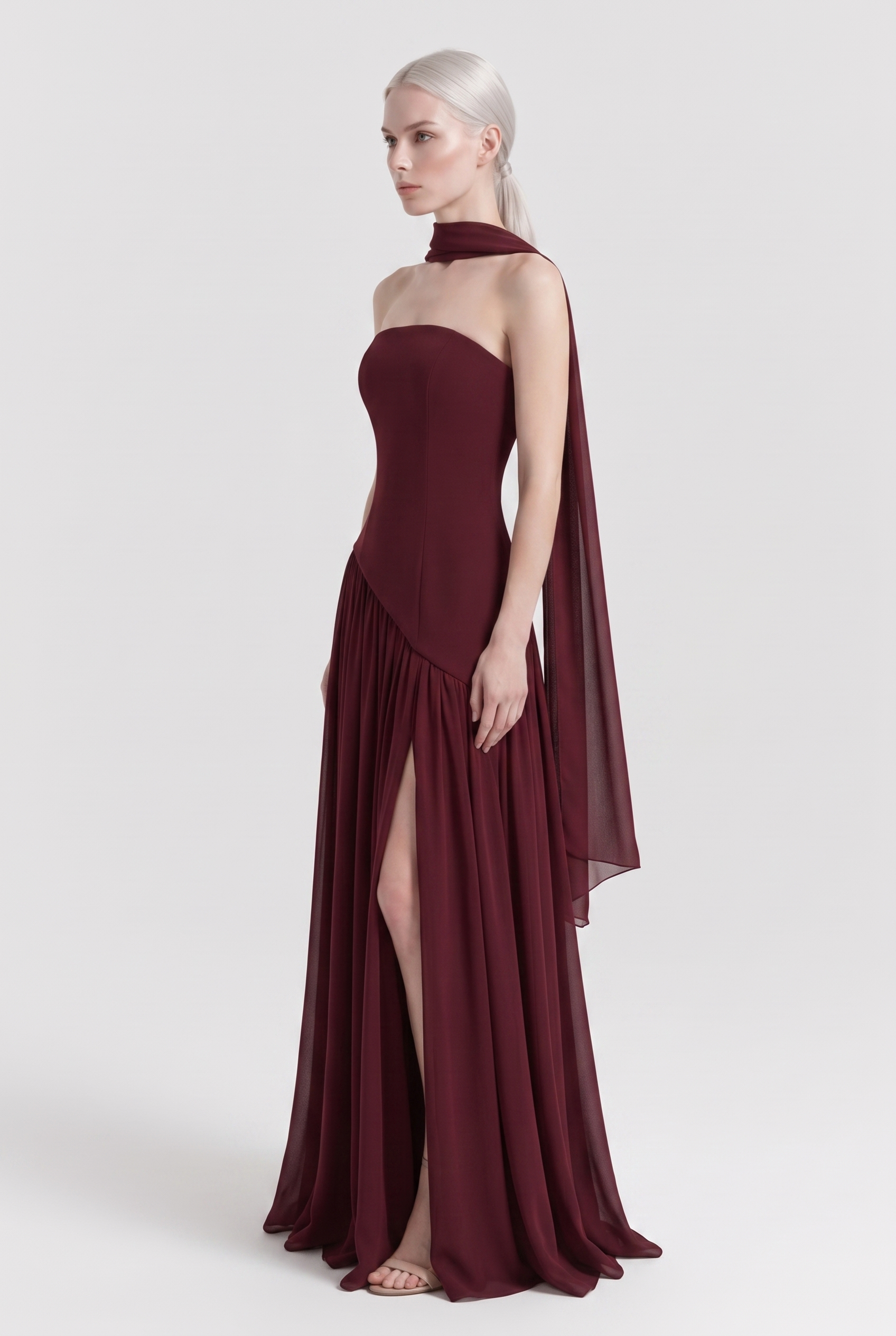 Burgundy Strapless Chiffon Maxi Dress with Cape Scarf - Side View