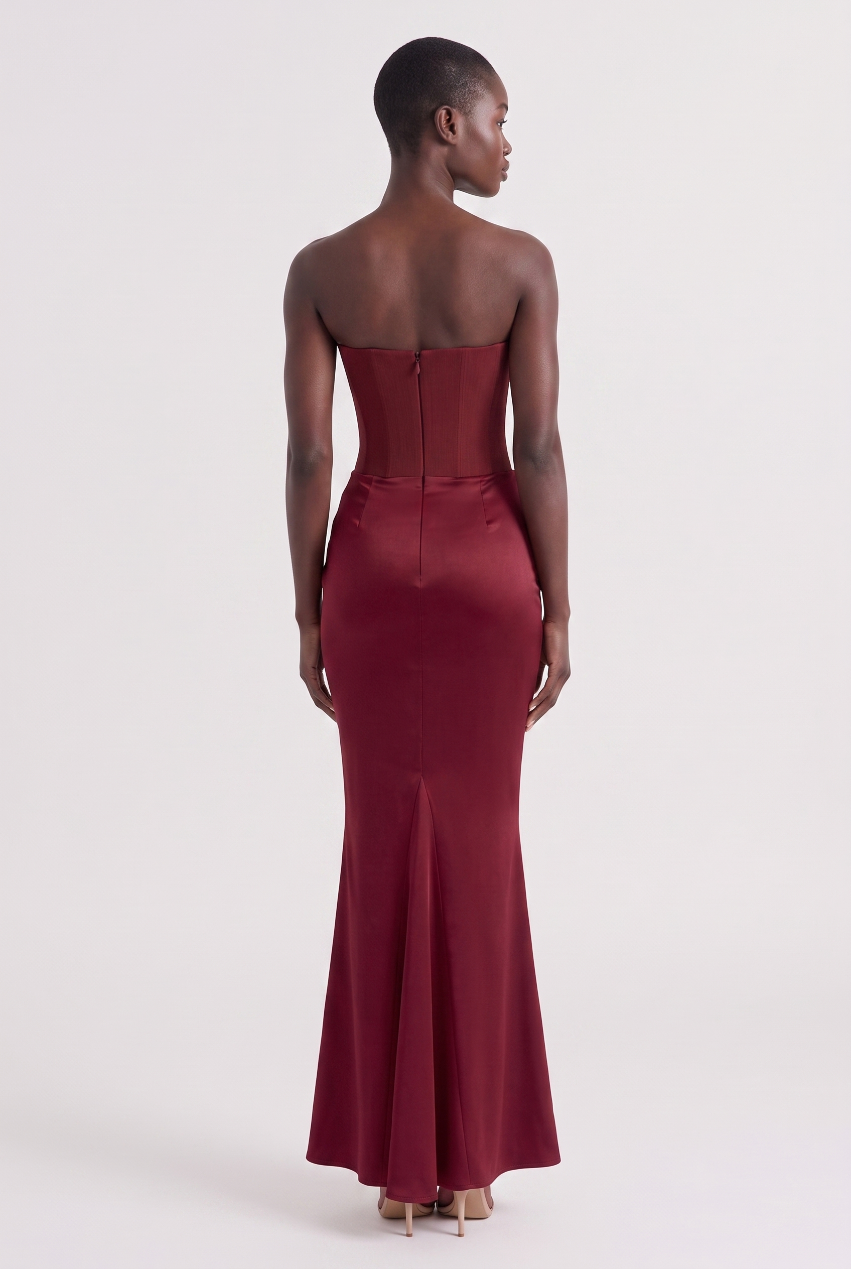 Burgundy Strapless Corset Maxi Dress with Draped Satin Skirt - Back View