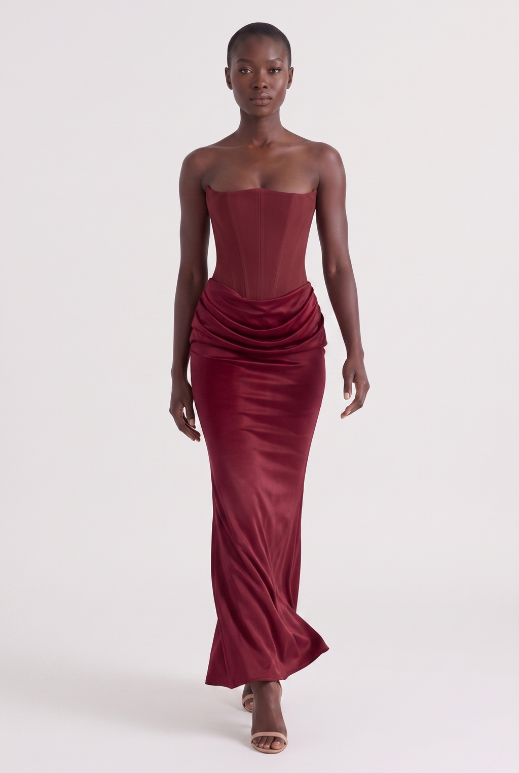 Burgundy Strapless Corset Maxi Dress with Draped Satin Skirt - Front View