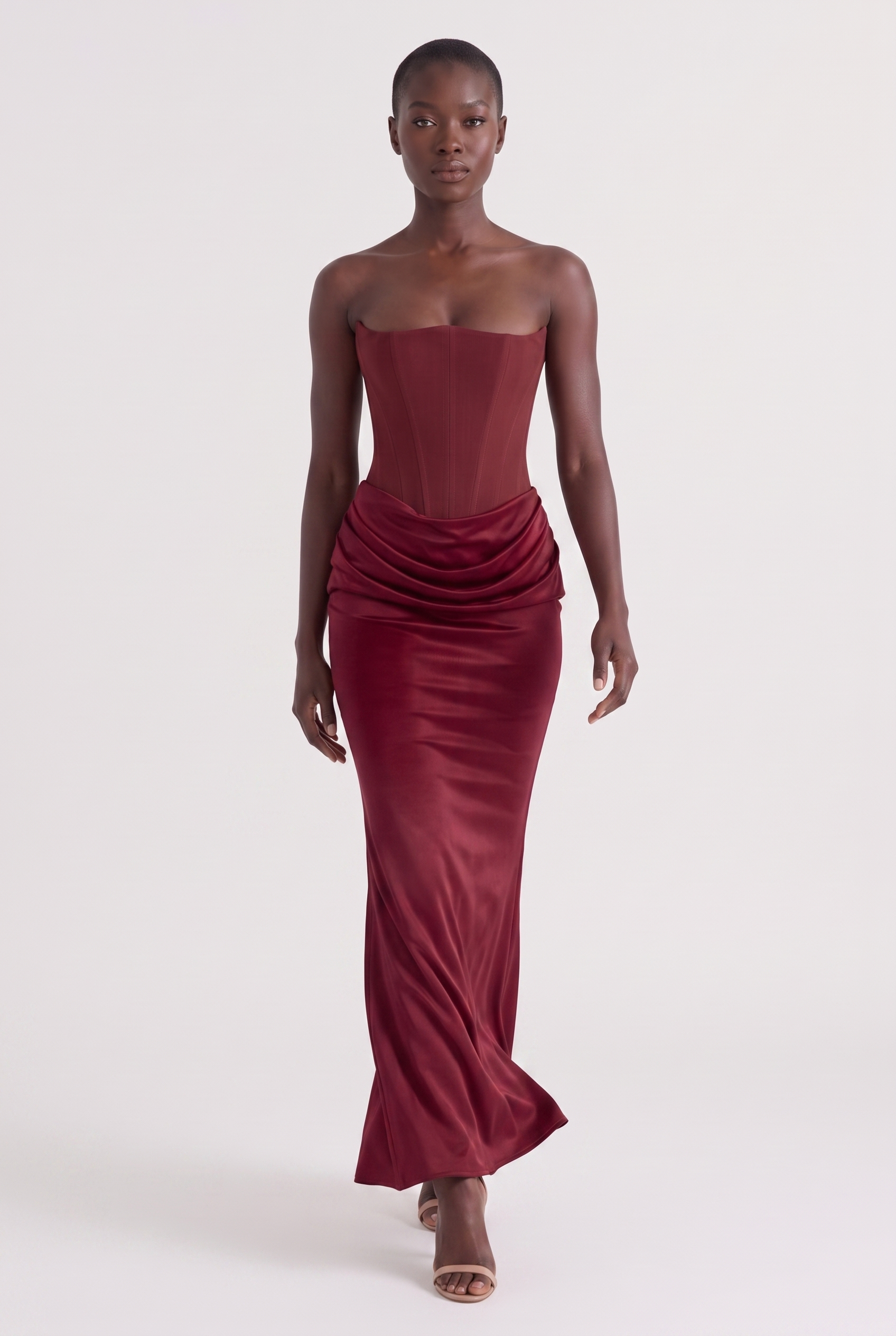 Burgundy Strapless Corset Maxi Dress with Draped Satin Skirt - Front View