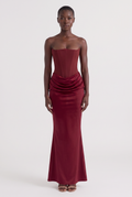 Burgundy Strapless Corset Maxi Dress with Draped Satin Skirt - Front View