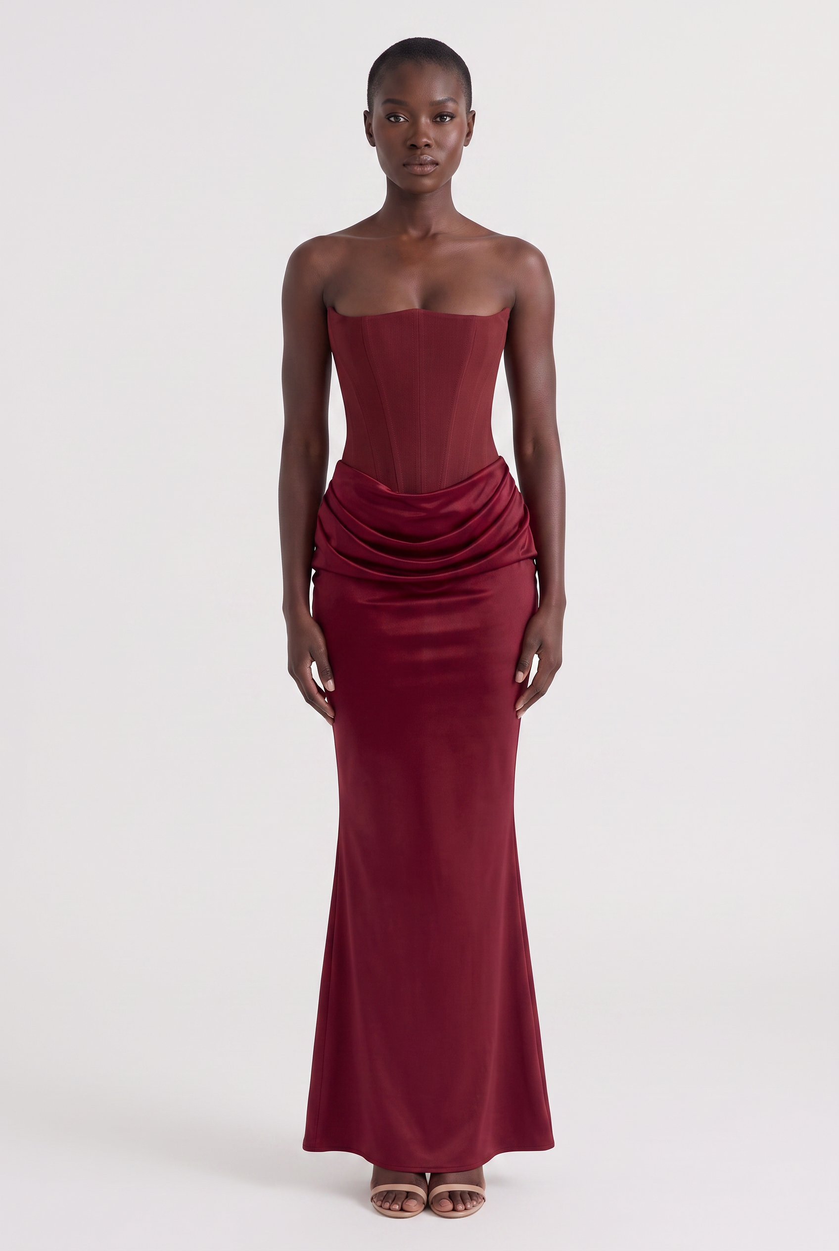 Burgundy Strapless Corset Maxi Dress with Draped Satin Skirt - Front View