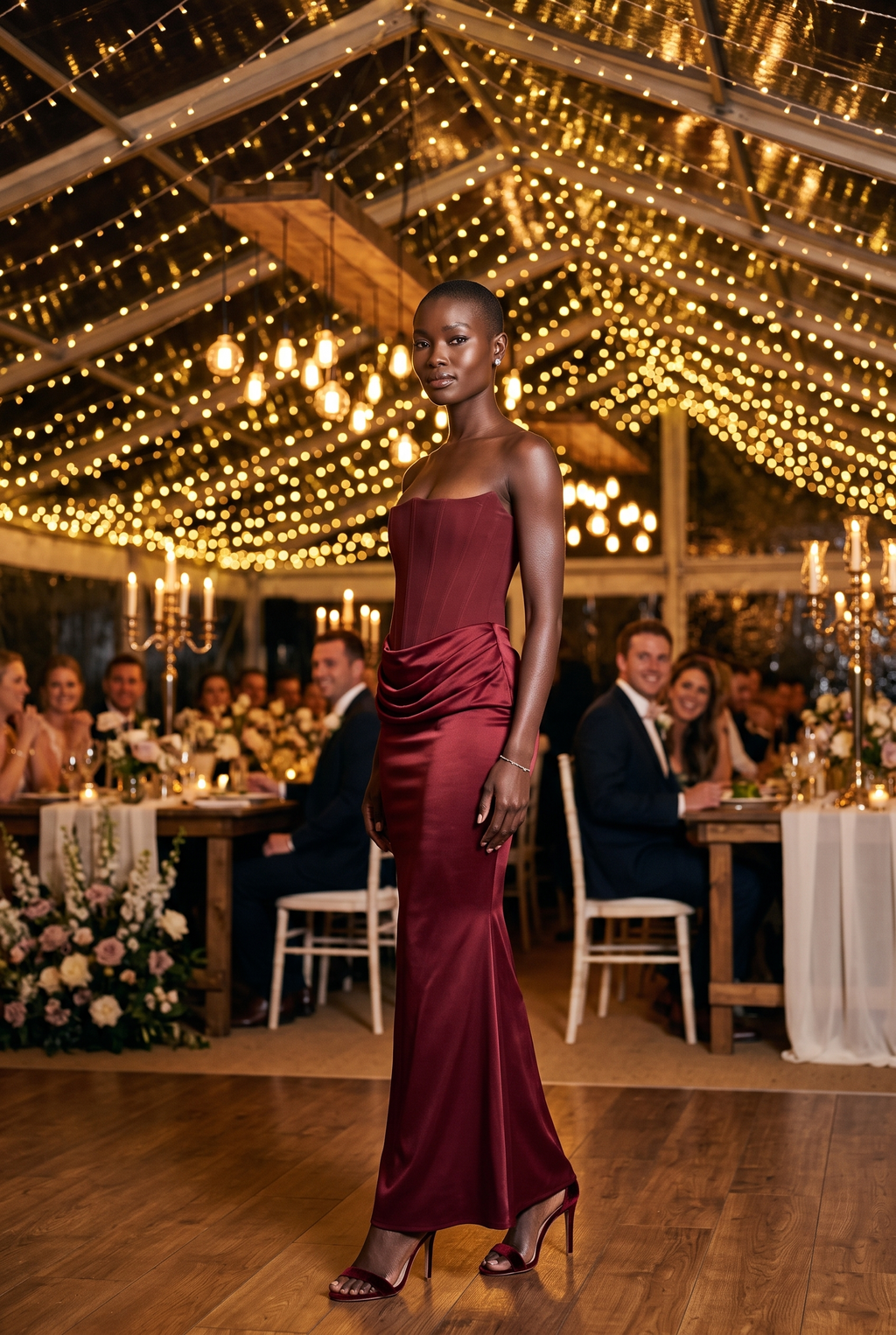 Burgundy Strapless Corset Maxi Dress with Draped Satin Skirt - Lifestyle