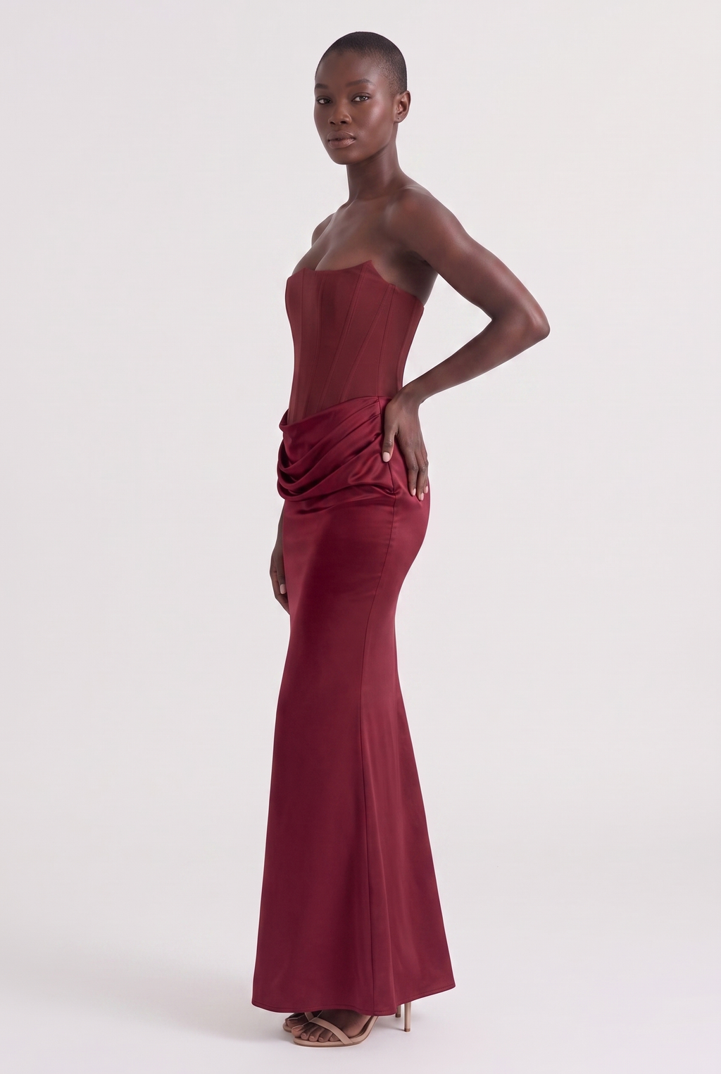 Burgundy Strapless Corset Maxi Dress with Draped Satin Skirt - Side View