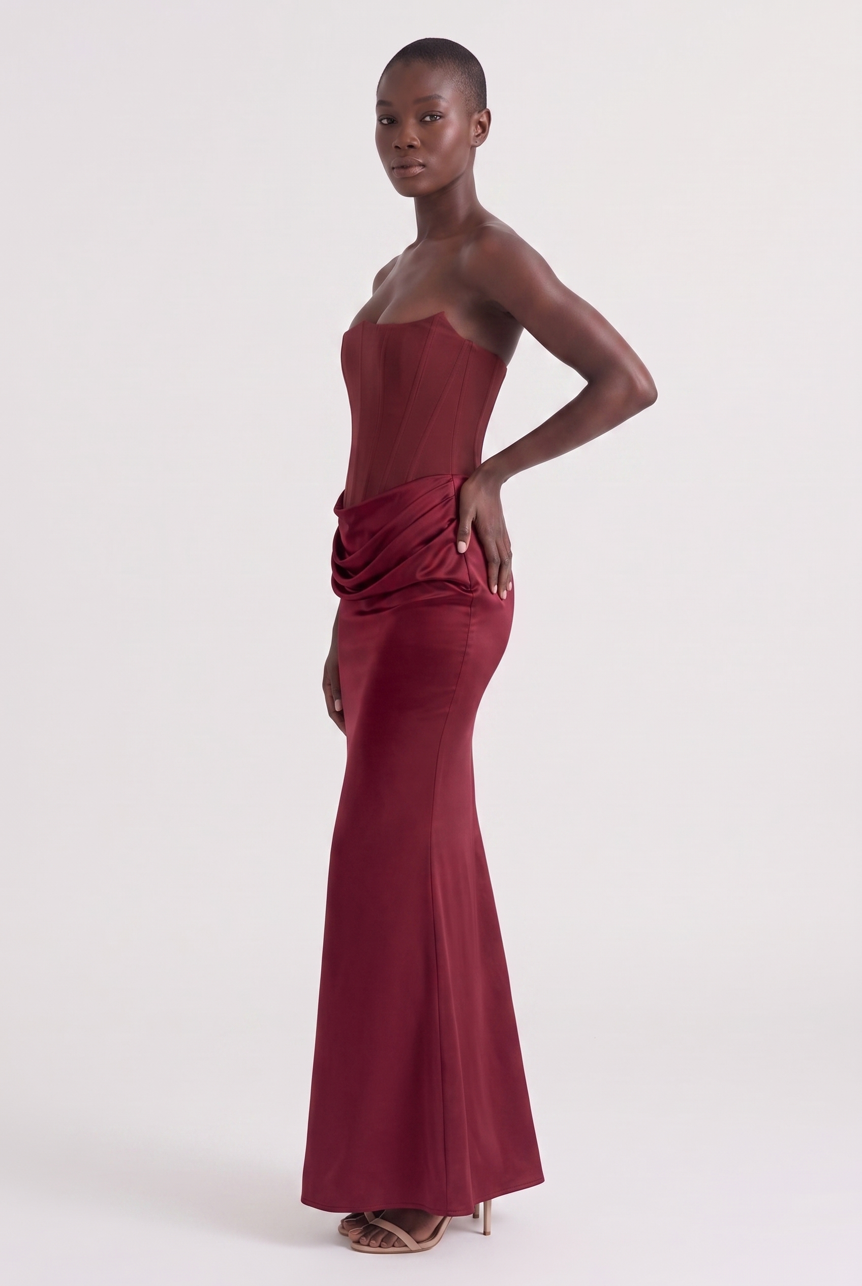 Burgundy Strapless Corset Maxi Dress with Draped Satin Skirt - Side View
