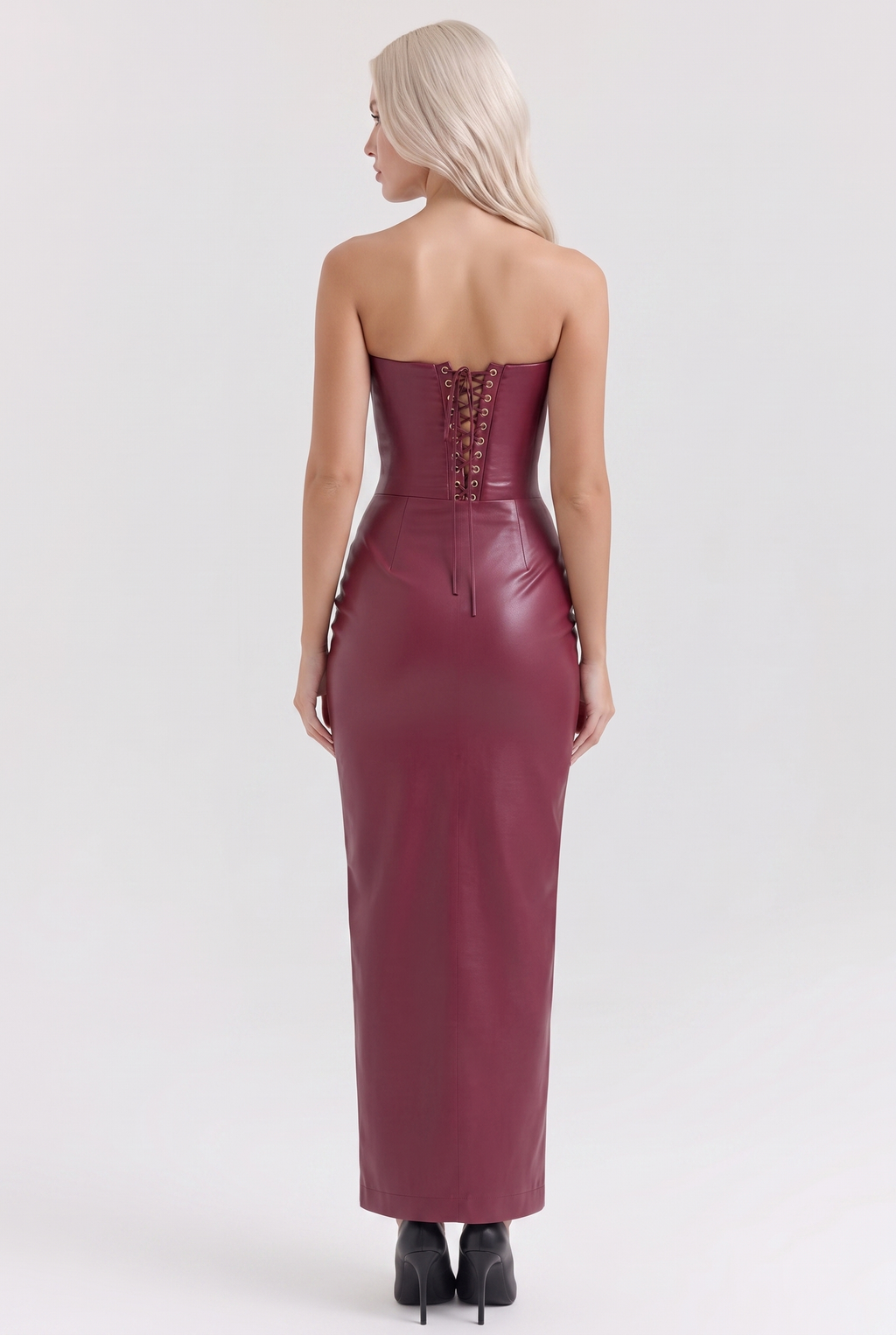 Burgundy Vegan Leather Corset Column Maxi Dress with Lace-Up Back - Back View
