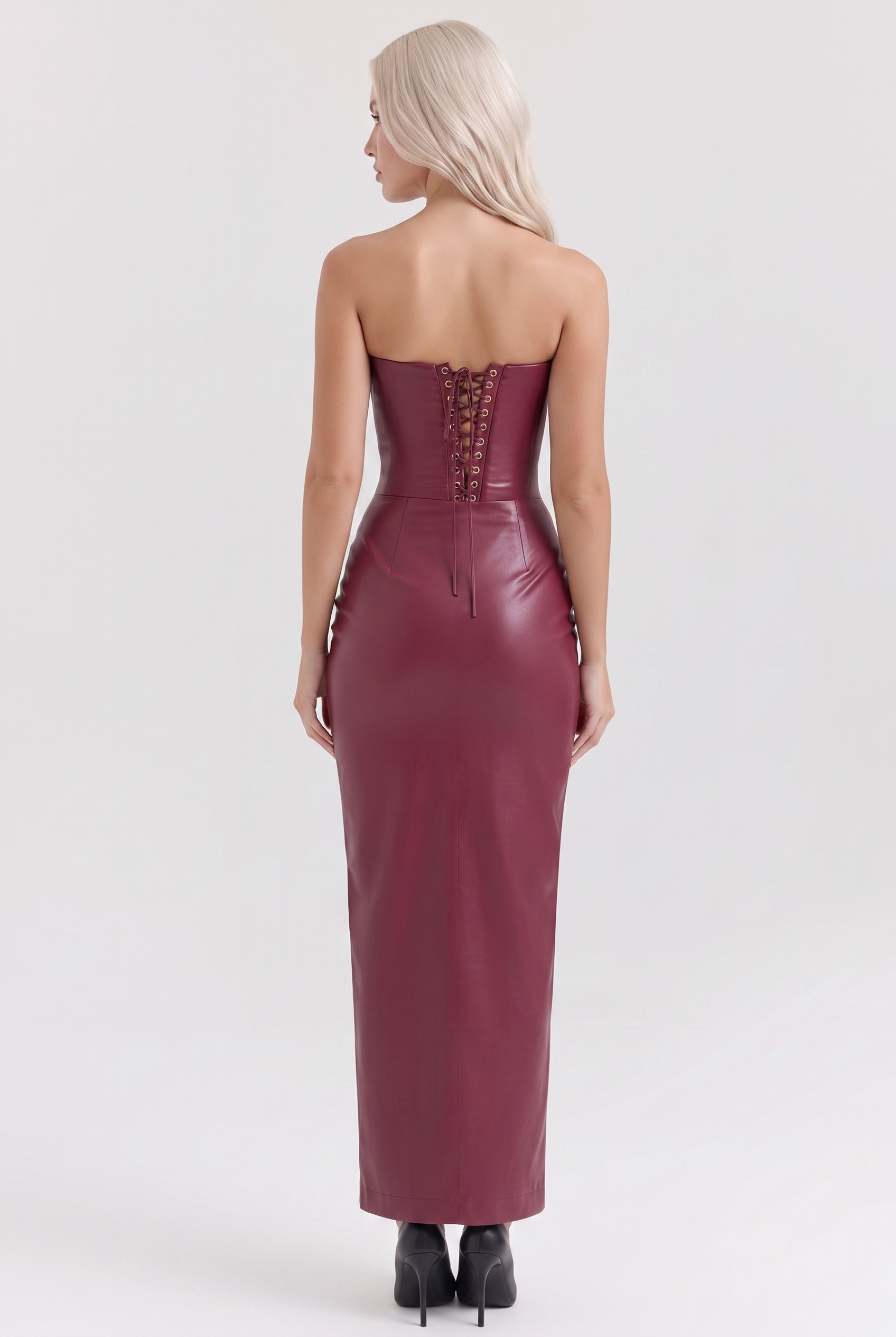 Burgundy Vegan Leather Corset Column Maxi Dress with Lace-Up Back - Back View