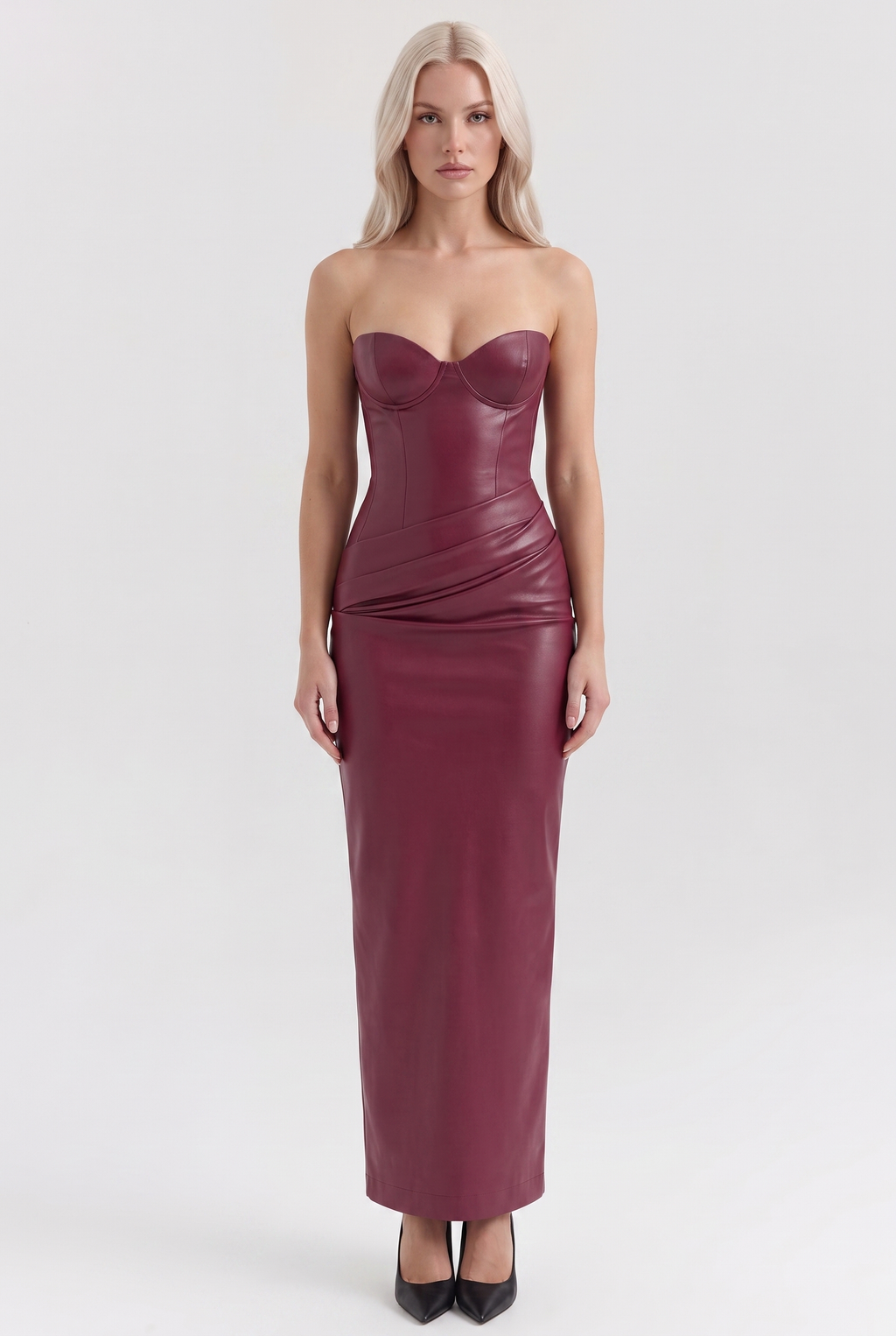 Burgundy Vegan Leather Corset Column Maxi Dress with Lace-Up Back - Front View