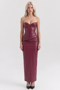 Burgundy Vegan Leather Corset Column Maxi Dress with Lace-Up Back - Front View