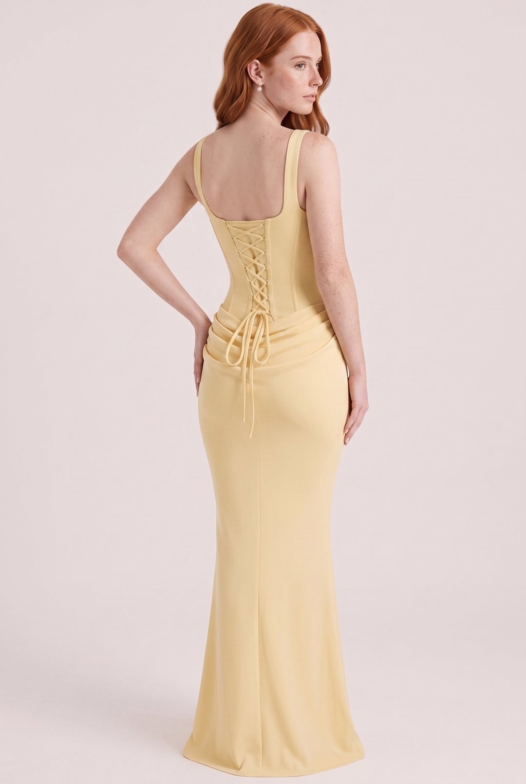 Butter Yellow Corset Column Maxi Dress with Lace-Up Back - Back View