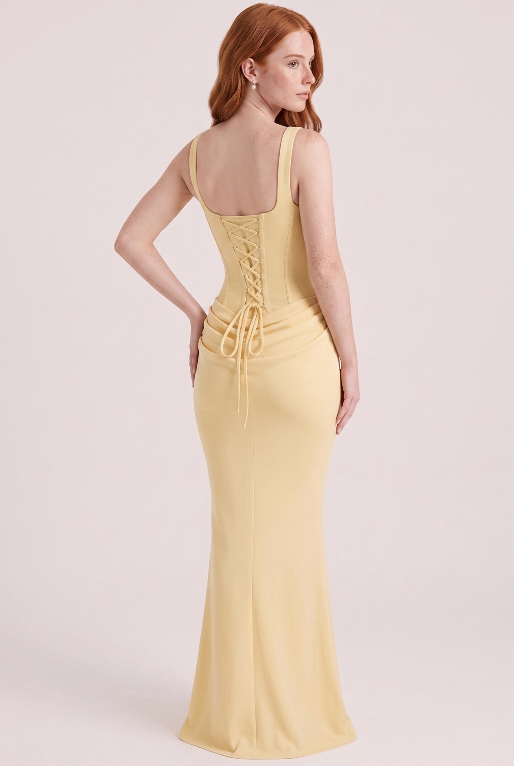 Butter Yellow Corset Column Maxi Dress with Lace-Up Back - Back View