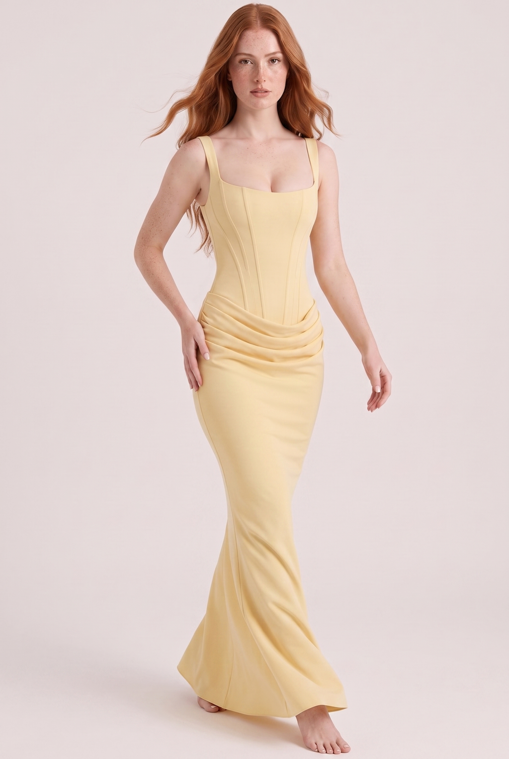Butter Yellow Corset Column Maxi Dress with Lace-Up Back - Front View