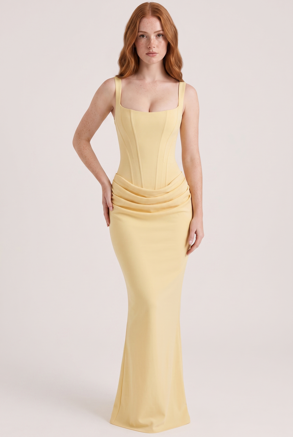 Butter Yellow Corset Column Maxi Dress with Lace-Up Back - Front View