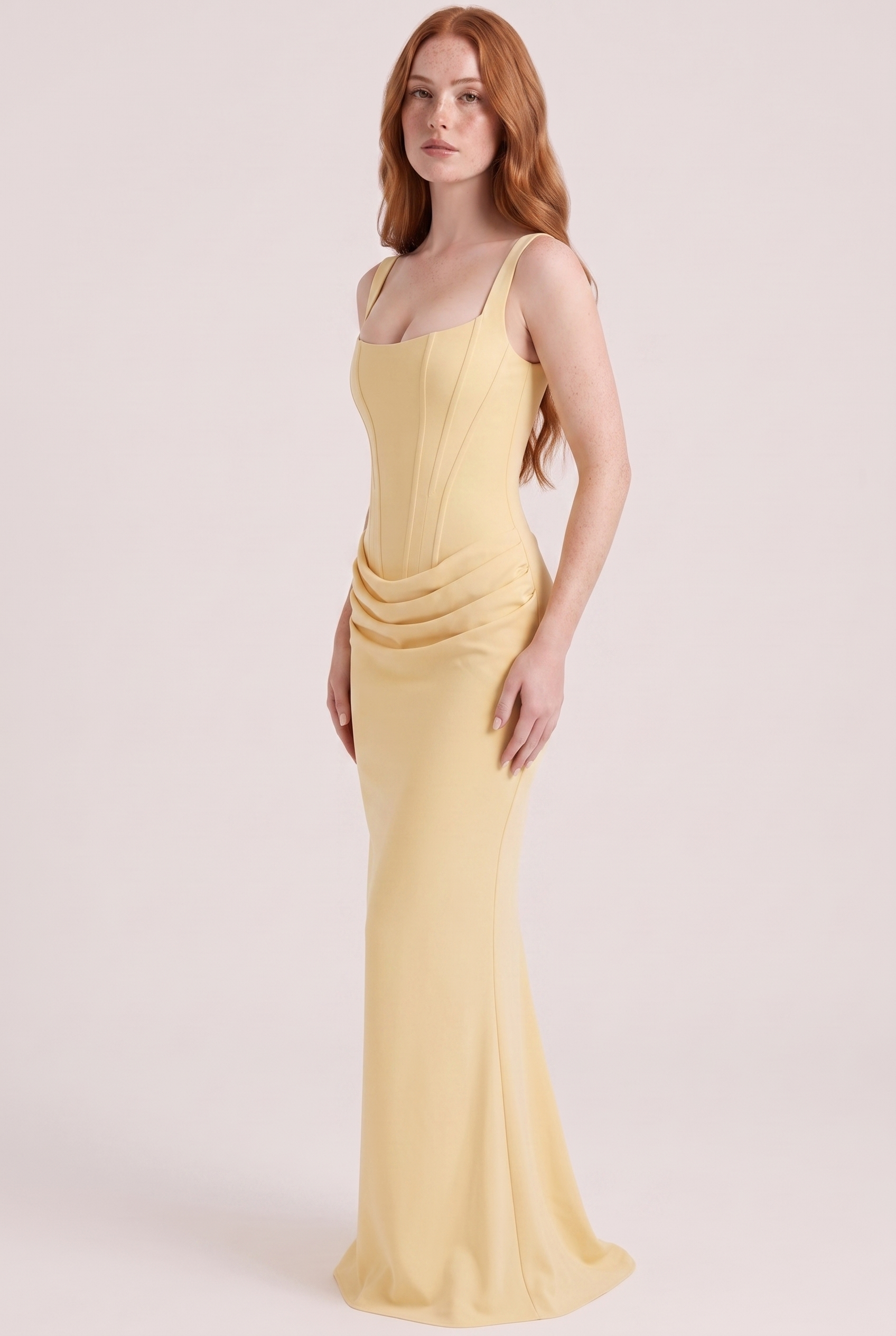 Butter Yellow Corset Column Maxi Dress with Lace-Up Back - Side View