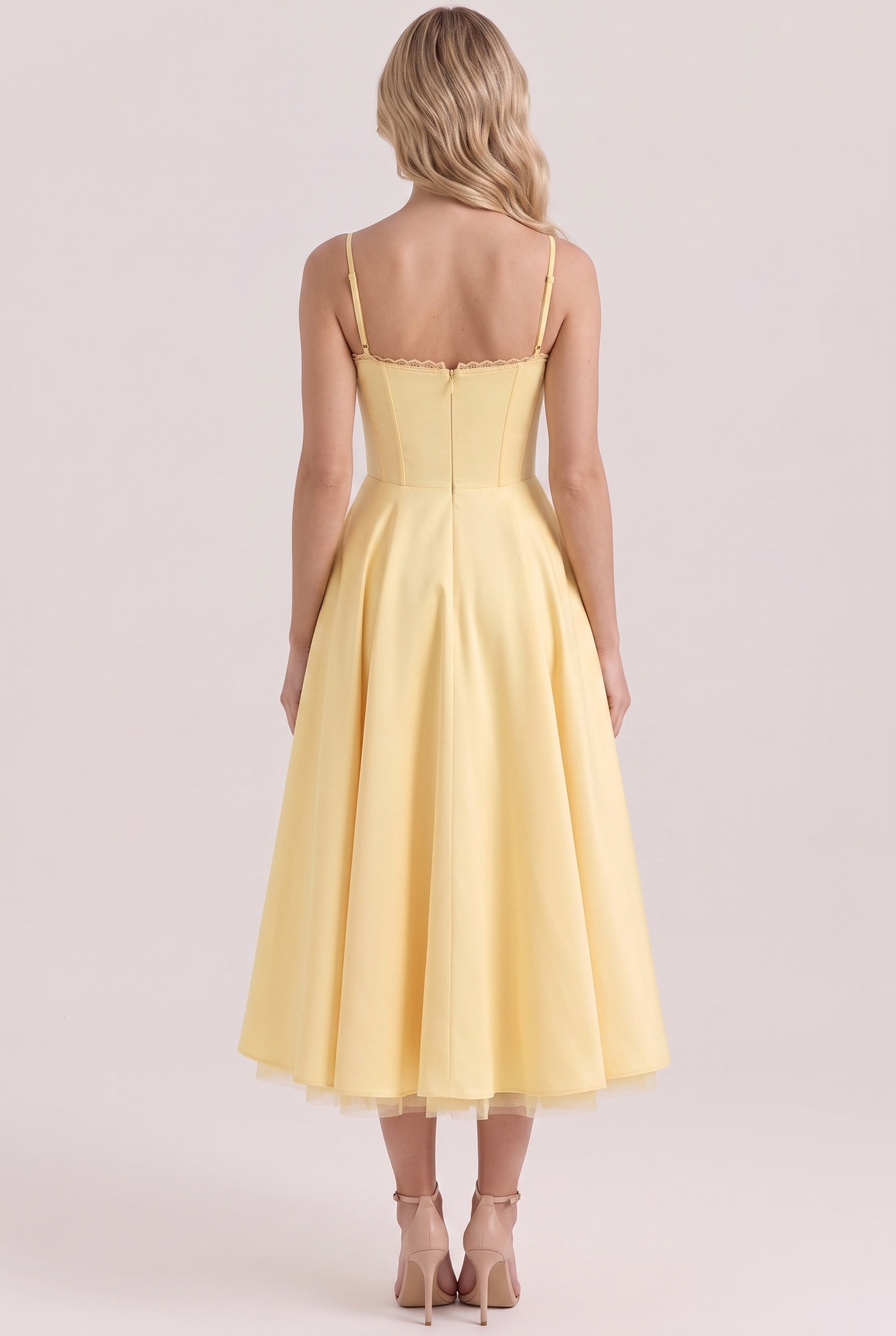 Butter Yellow Satin Corset Midi Dress with Tulle Hem - Back View