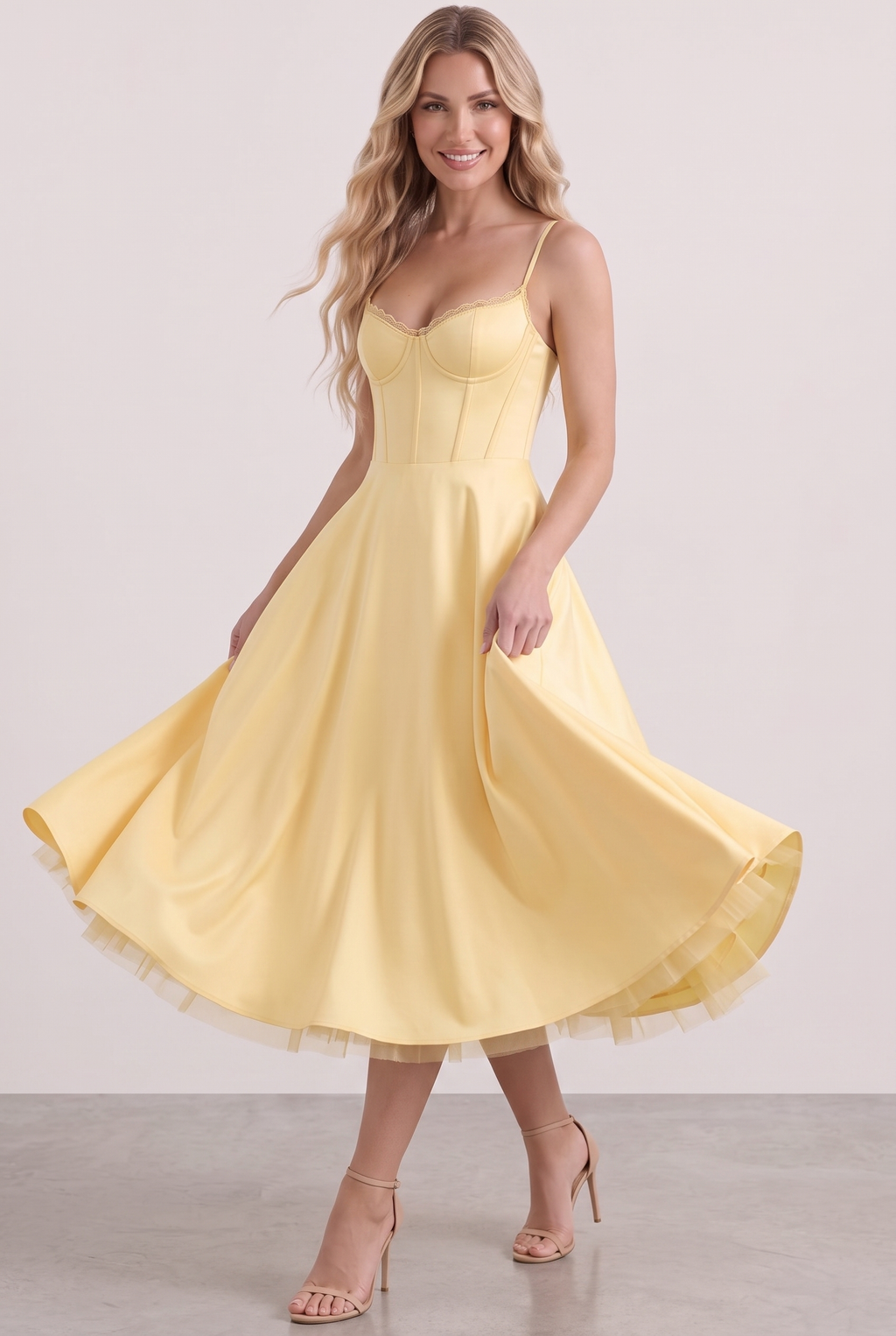 Butter Yellow Satin Corset Midi Dress with Tulle Hem - Front View in Motion