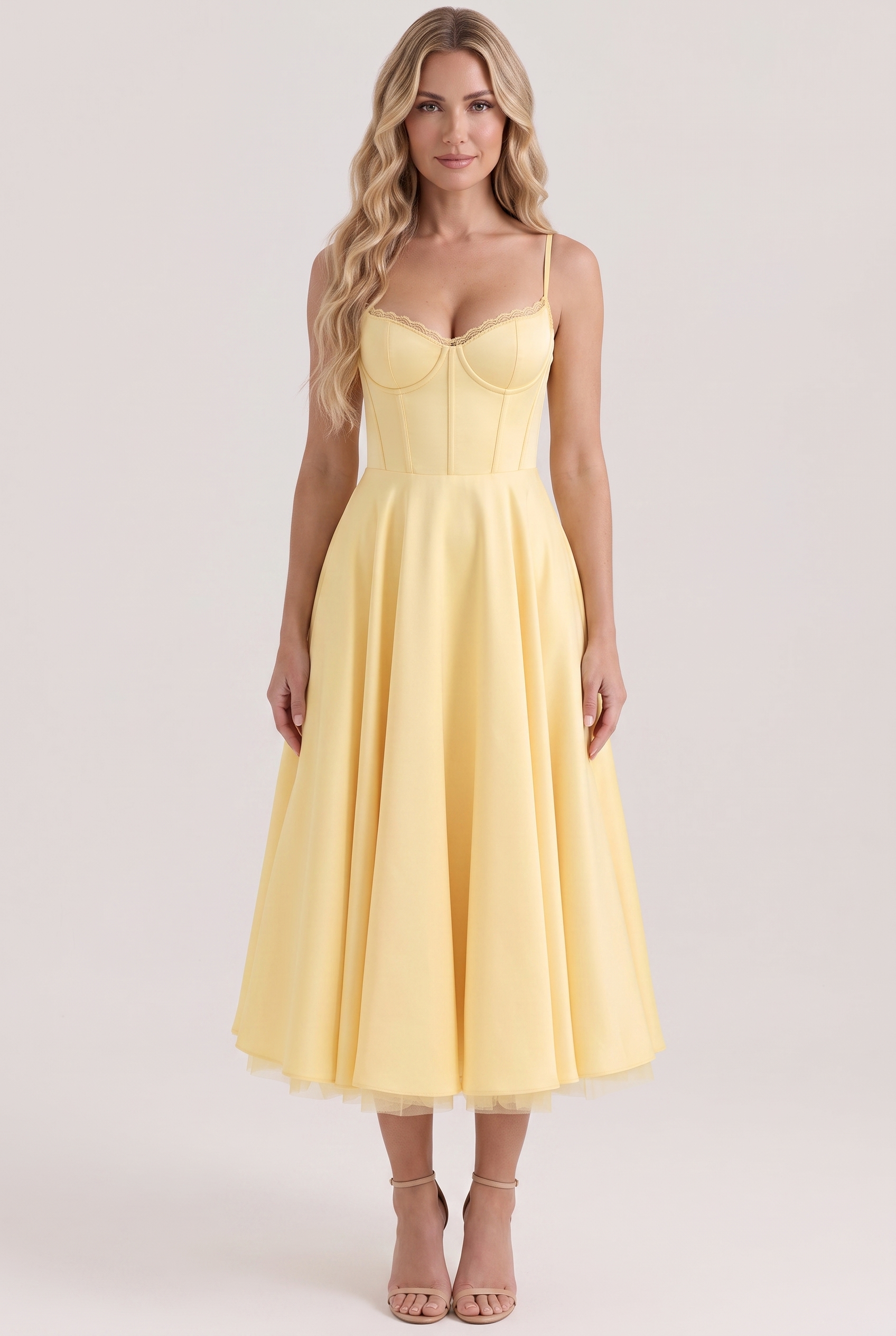 Butter Yellow Satin Corset Midi Dress with Tulle Hem - Front View