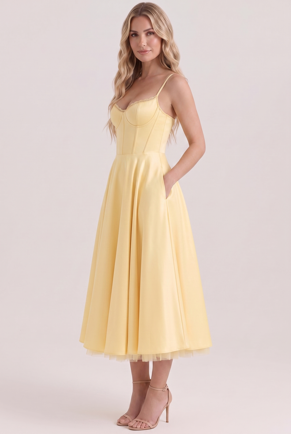 Butter Yellow Satin Corset Midi Dress with Tulle Hem - Side View with Pockets