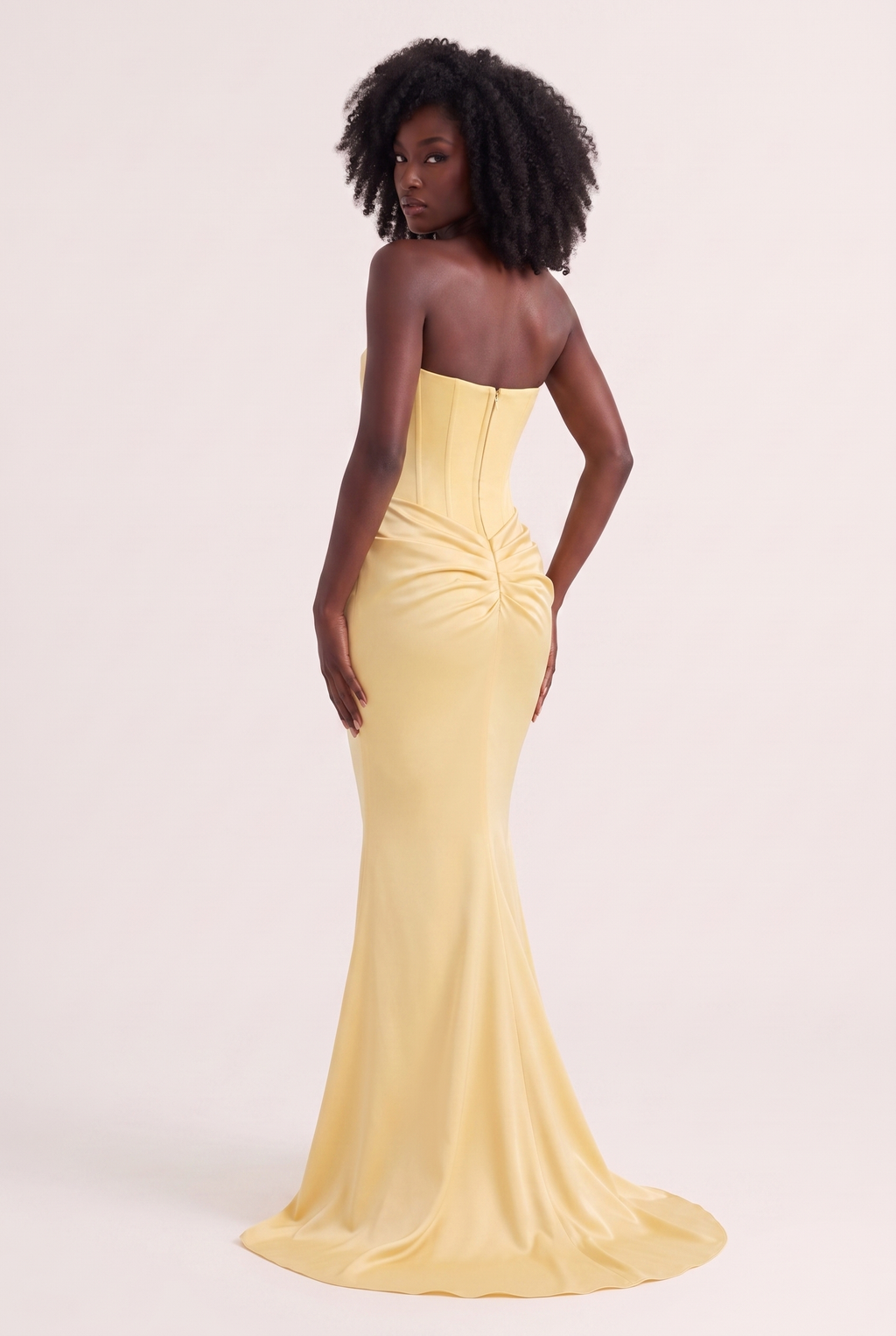 Butter Yellow Strapless Corset Maxi Dress with Draped Satin Skirt - Back View