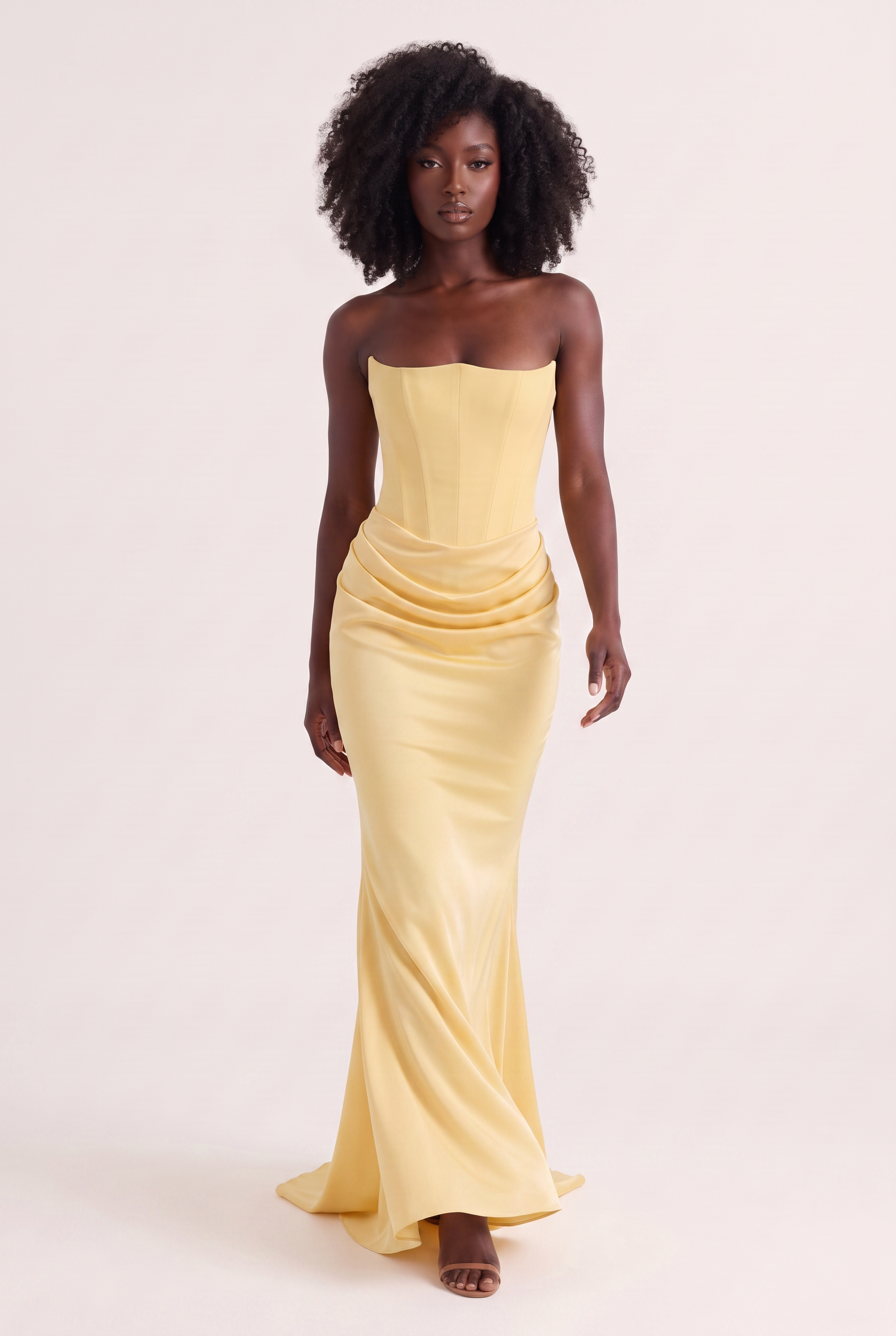 Butter Yellow Strapless Corset Maxi Dress with Draped Satin Skirt - Front View