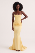 Butter Yellow Strapless Corset Maxi Dress with Draped Satin Skirt - Front View