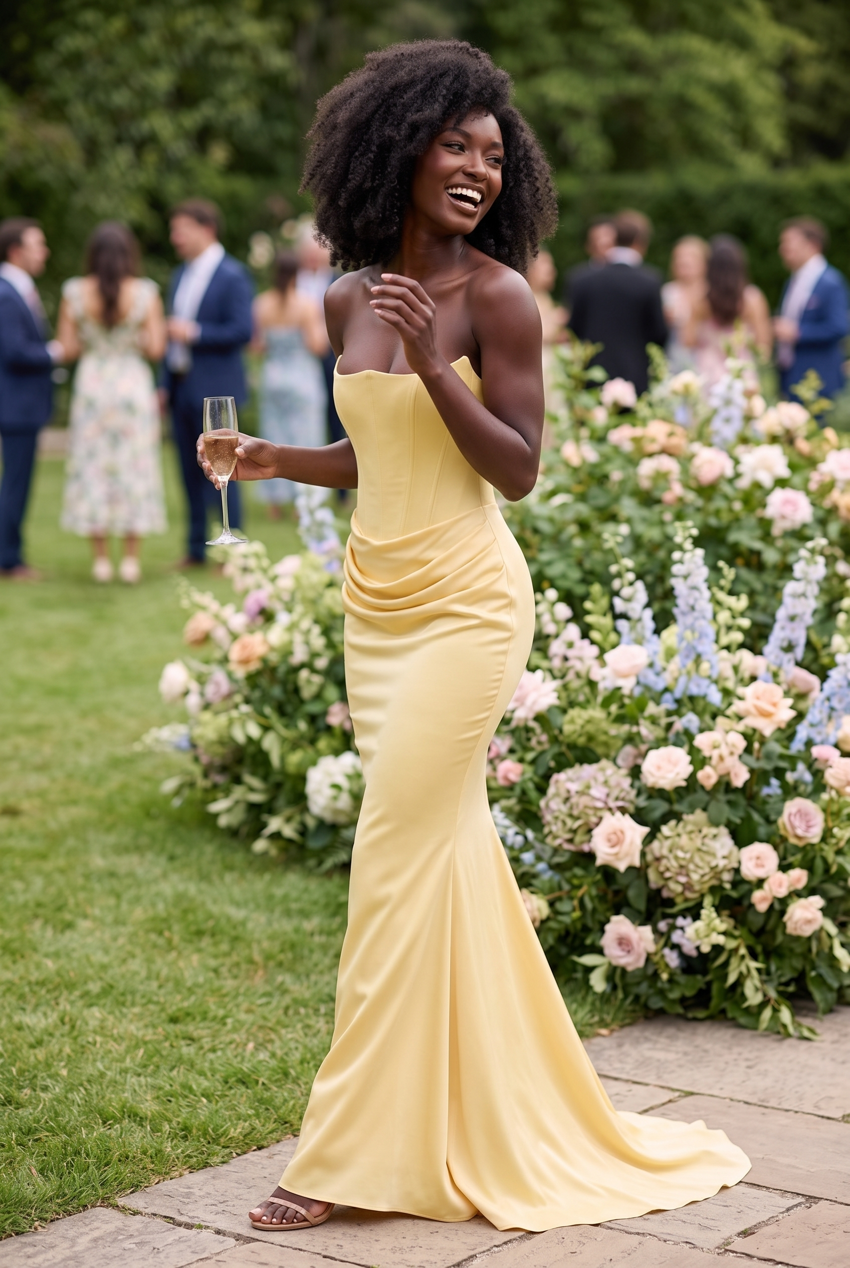 Butter Yellow Strapless Corset Maxi Dress with Draped Satin Skirt - Lifestyle