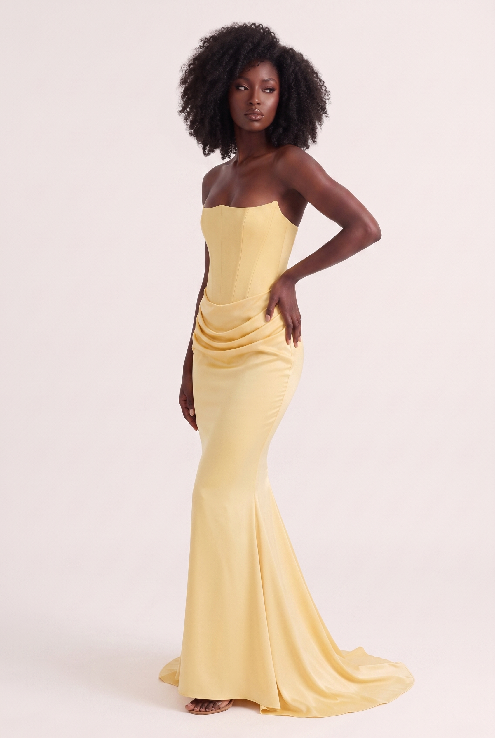 Butter Yellow Strapless Corset Maxi Dress with Draped Satin Skirt - Side View