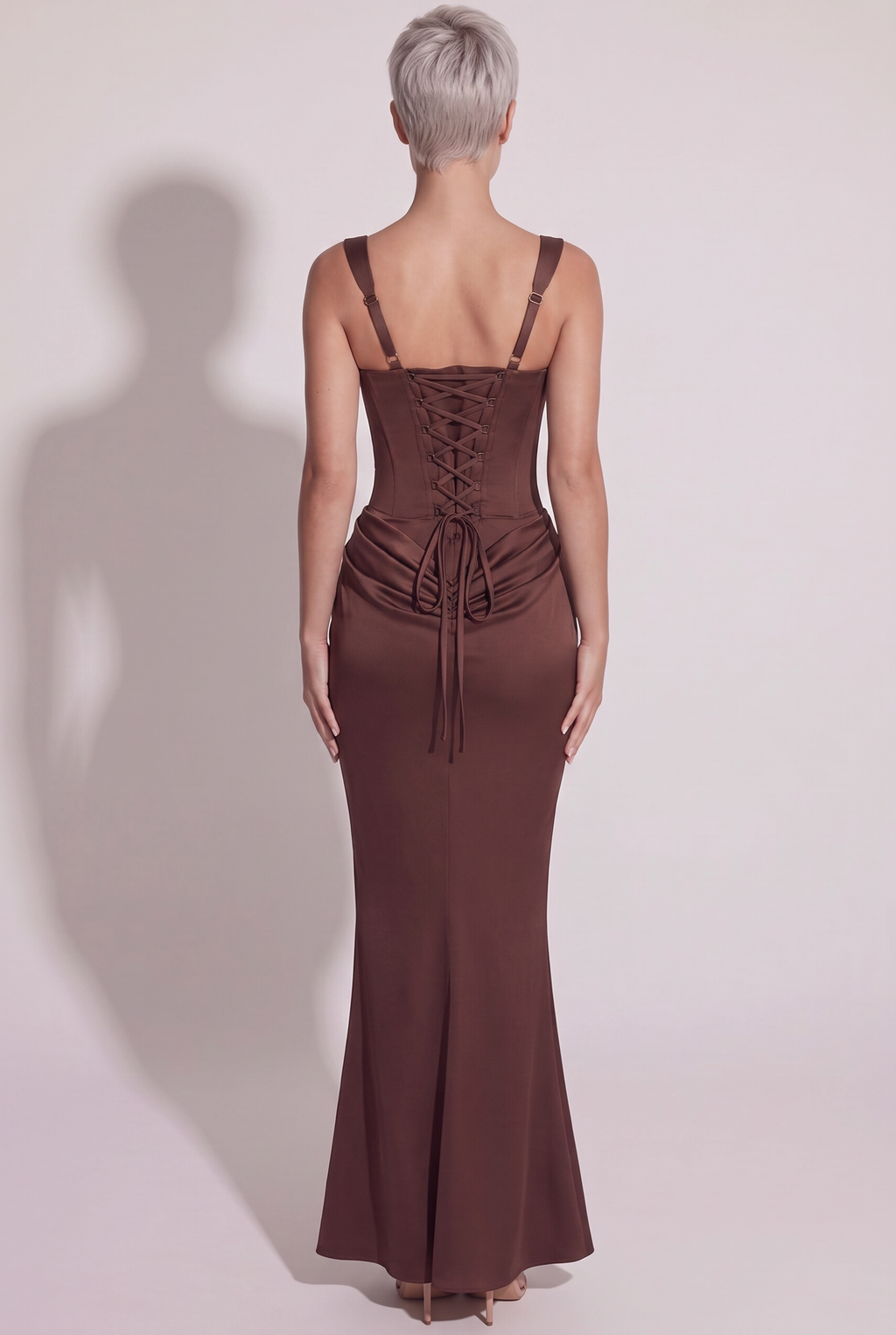 Chocolate Brown Satin Corset Column Maxi Dress with Lace-Up Back - Back View