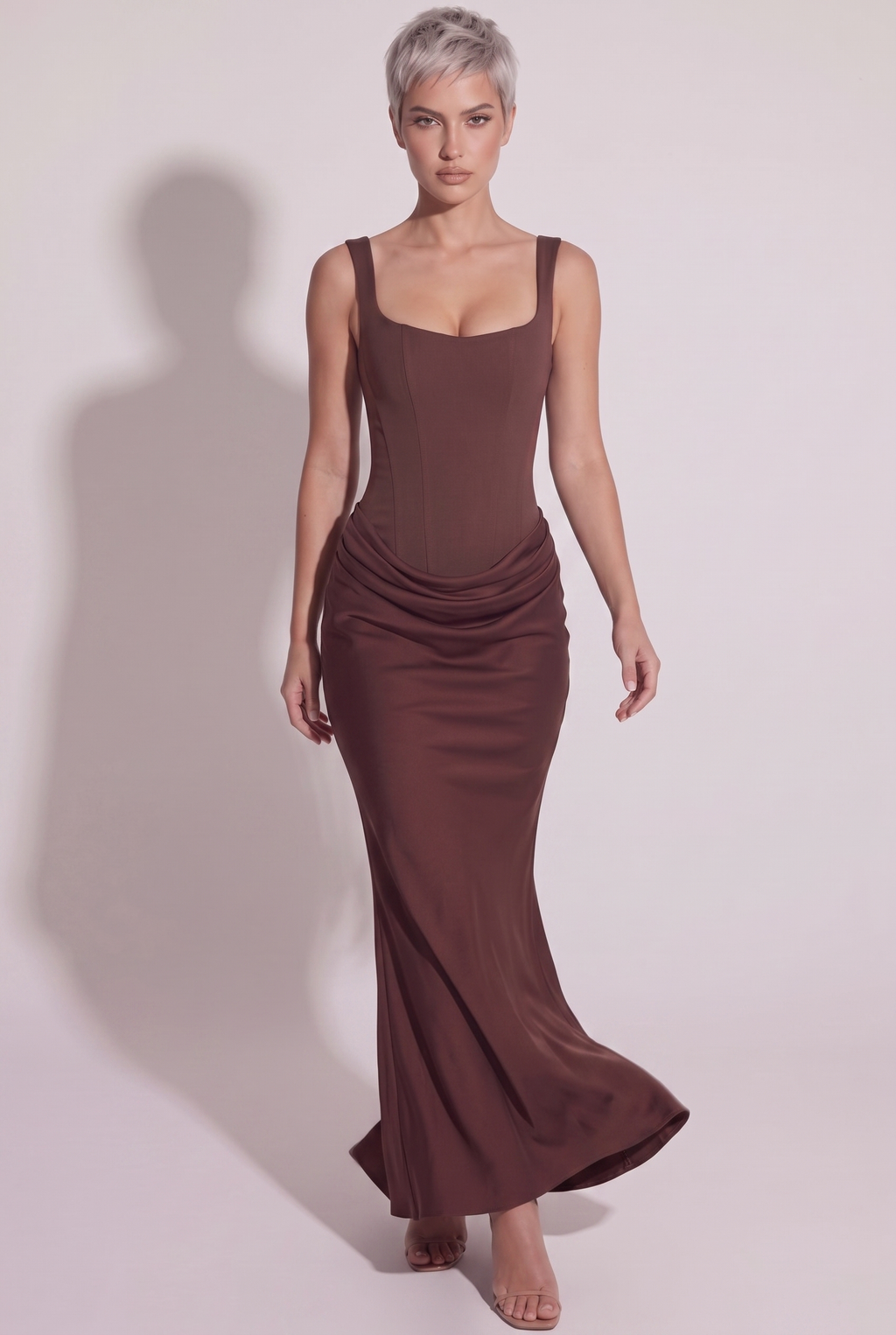 Chocolate Brown Satin Corset Column Maxi Dress with Lace-Up Back - Front View