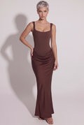 Chocolate Brown Satin Corset Column Maxi Dress with Lace-Up Back - Front View