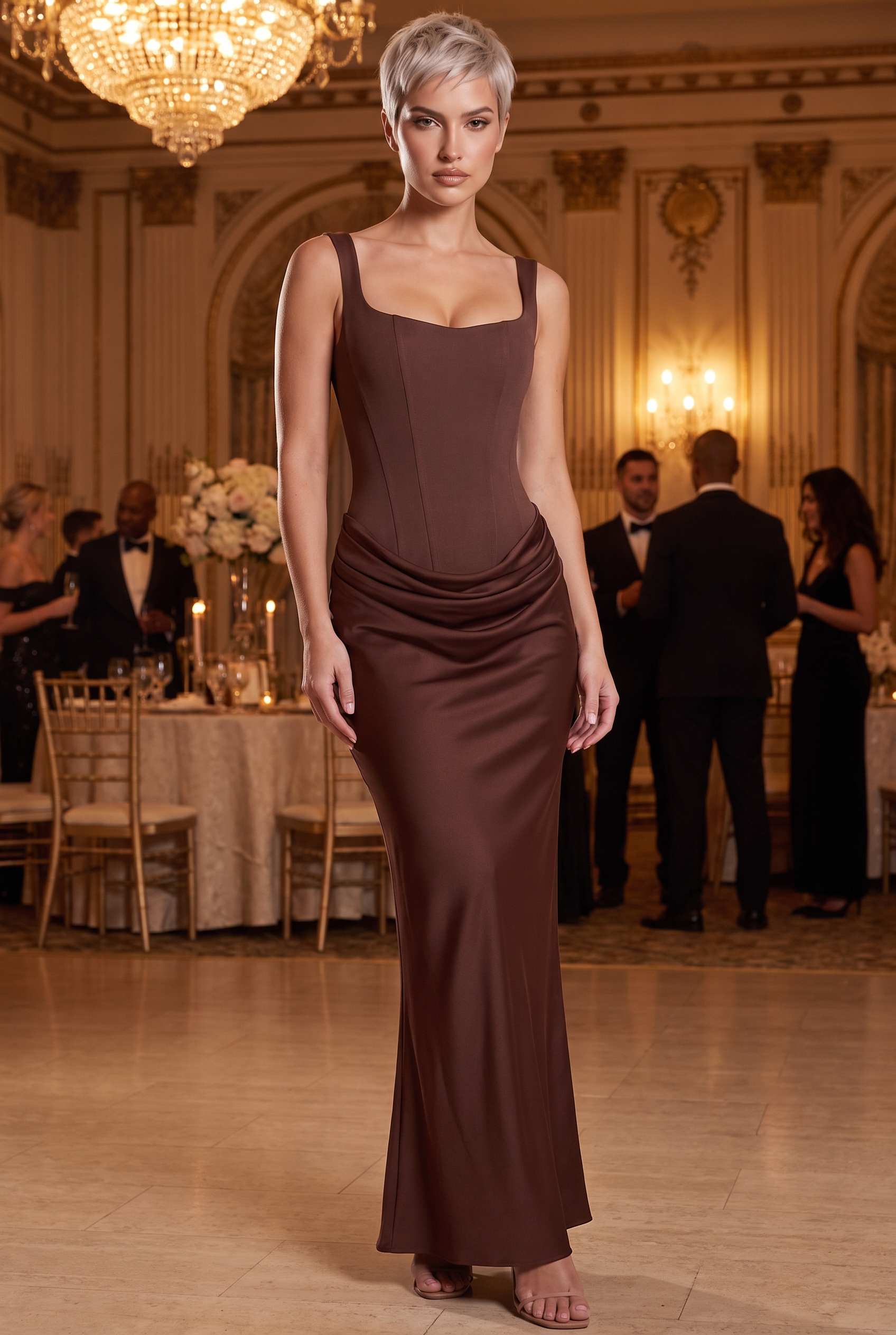 Chocolate Brown Satin Corset Column Maxi Dress with Lace-Up Back - Lifestyle