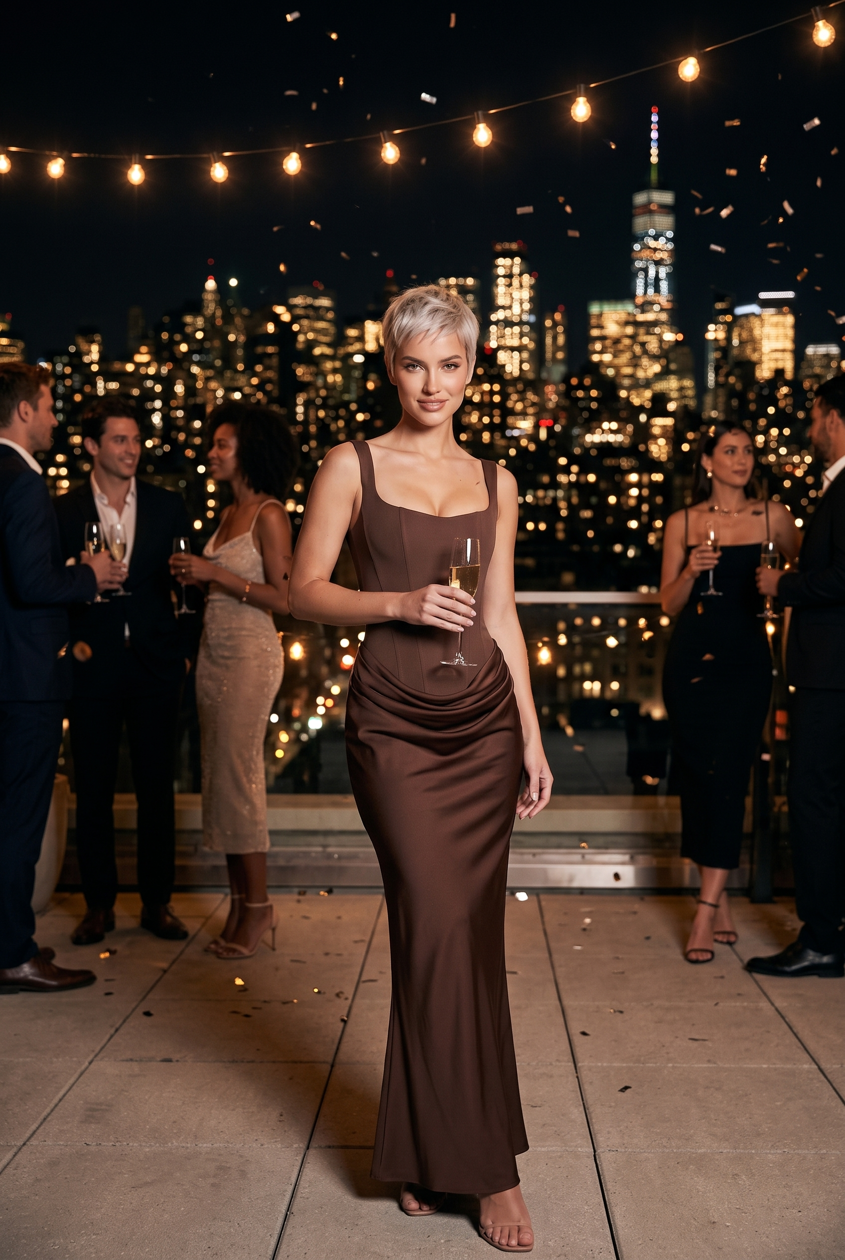 Chocolate Brown Satin Corset Column Maxi Dress with Lace-Up Back - Lifestyle