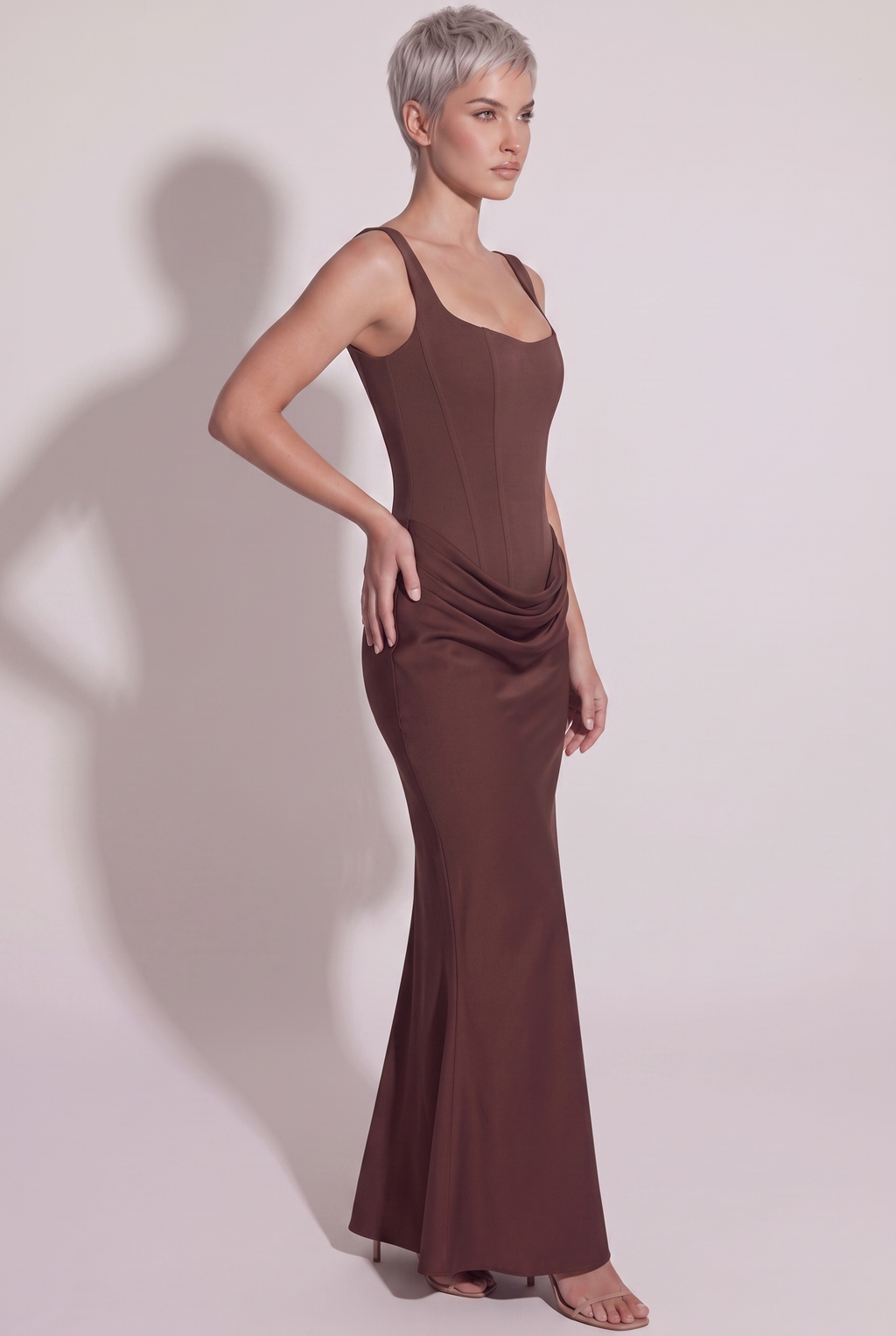 Chocolate Brown Satin Corset Column Maxi Dress with Lace-Up Back - Side View