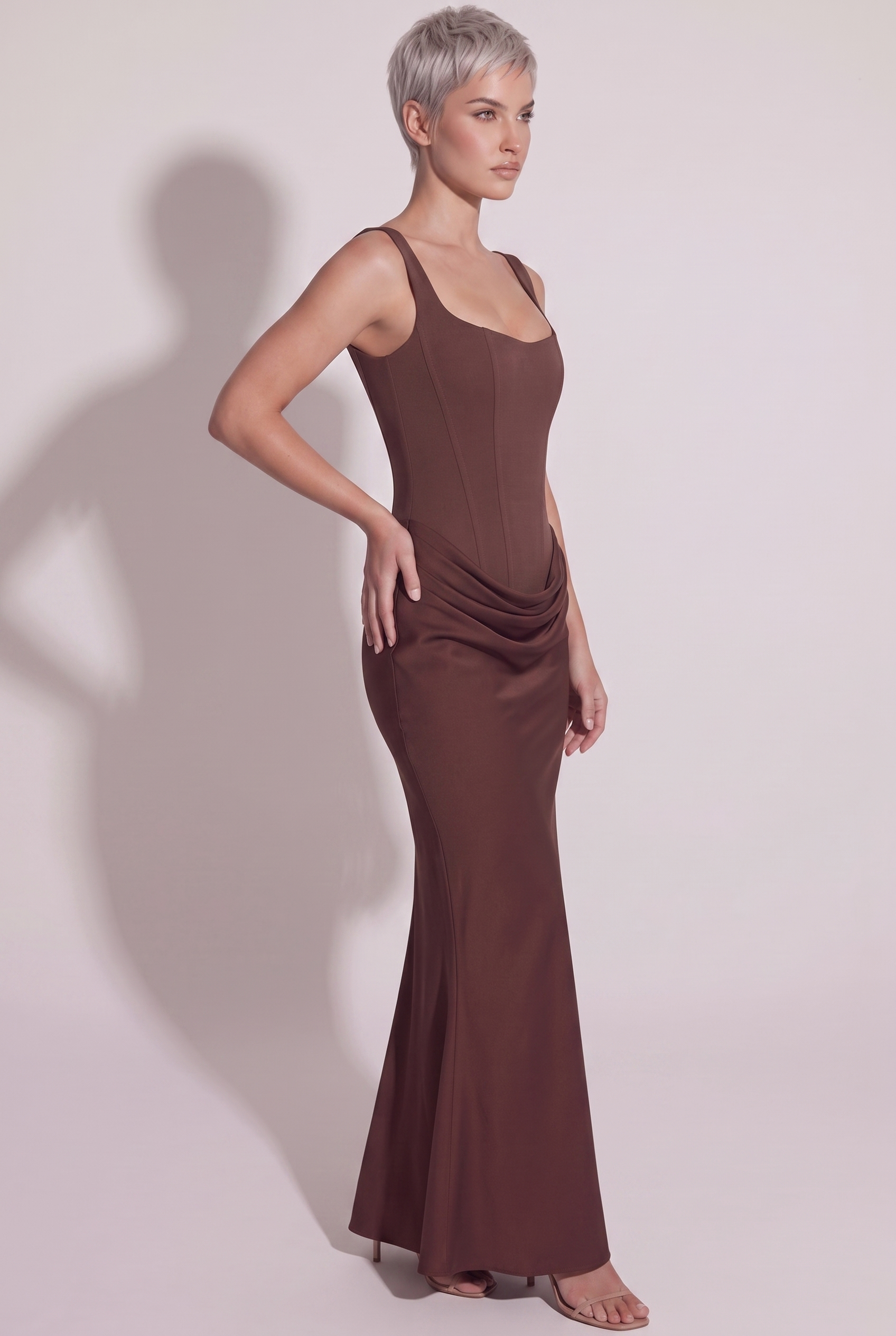 Chocolate Brown Satin Corset Column Maxi Dress with Lace-Up Back - Side View