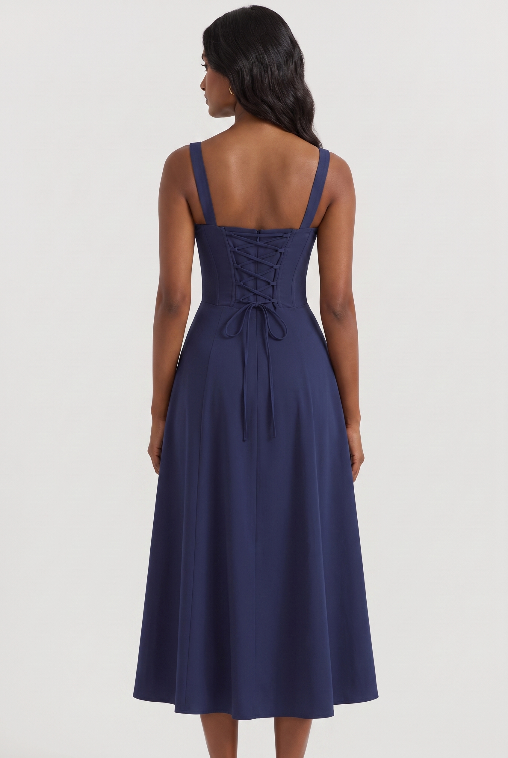 Dark Blue Cotton Corset Midi Dress with Lace-Up Back - Back View
