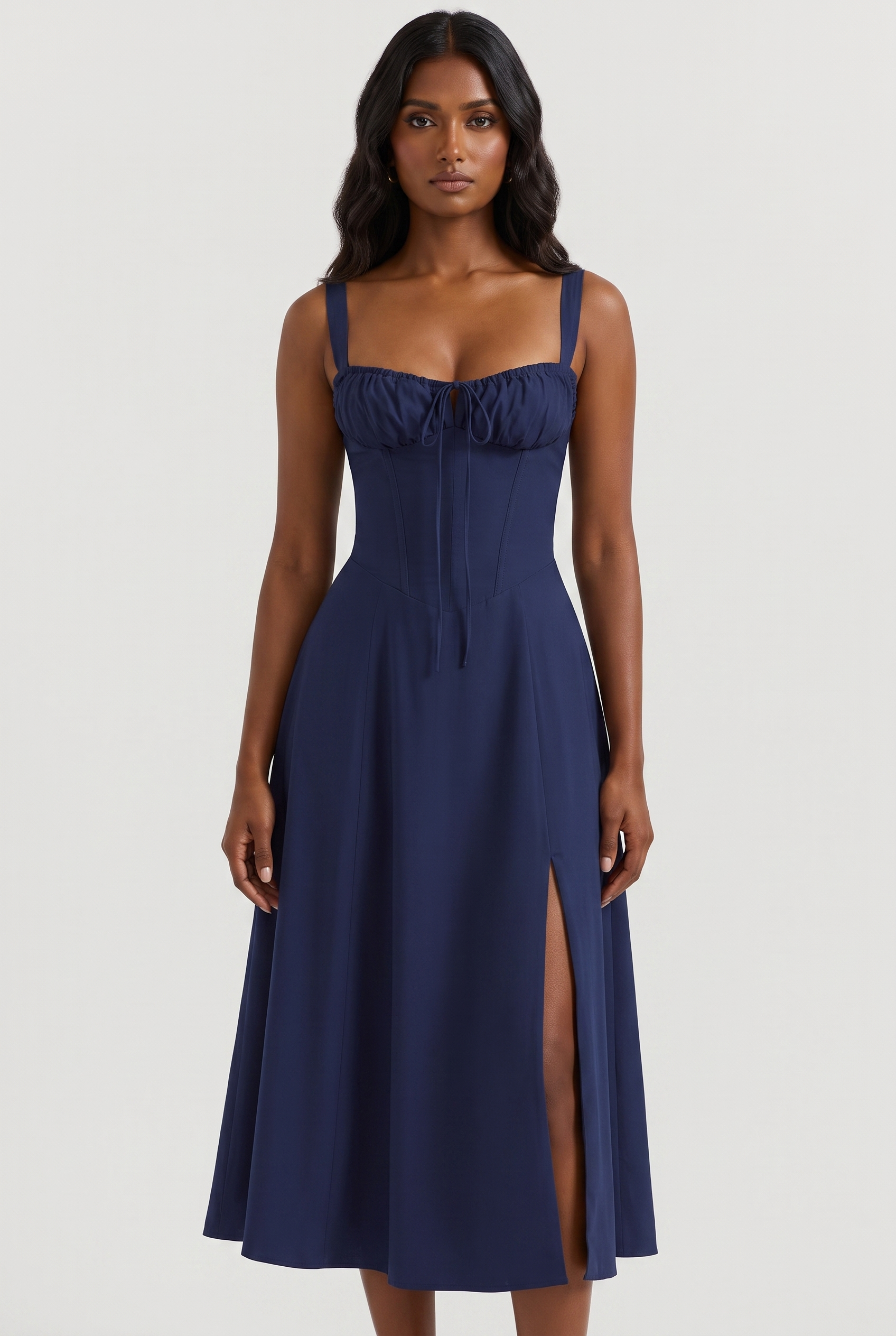 Dark Blue Cotton Corset Midi Dress with Lace-Up Back - Front View
