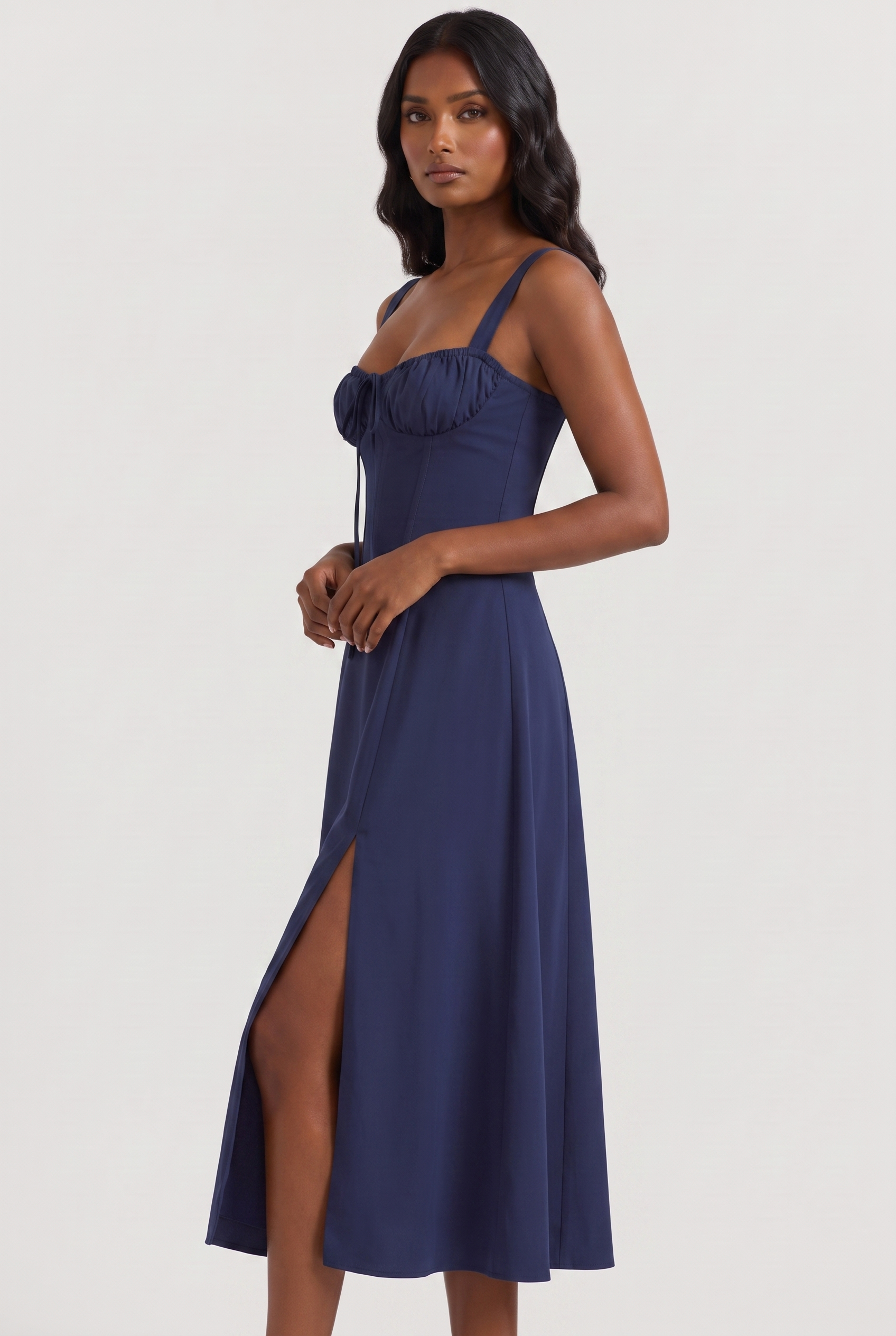 Dark Blue Cotton Corset Midi Dress with Lace-Up Back - Side View