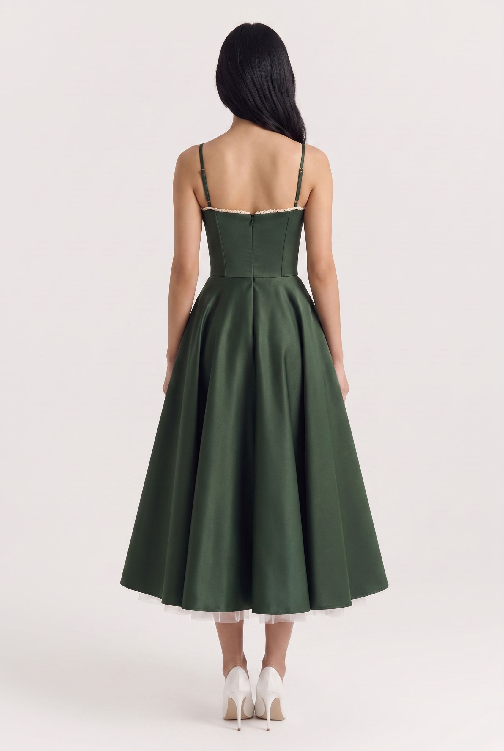 Forest Green Satin Corset Midi Dress with Tulle Hem - Back View