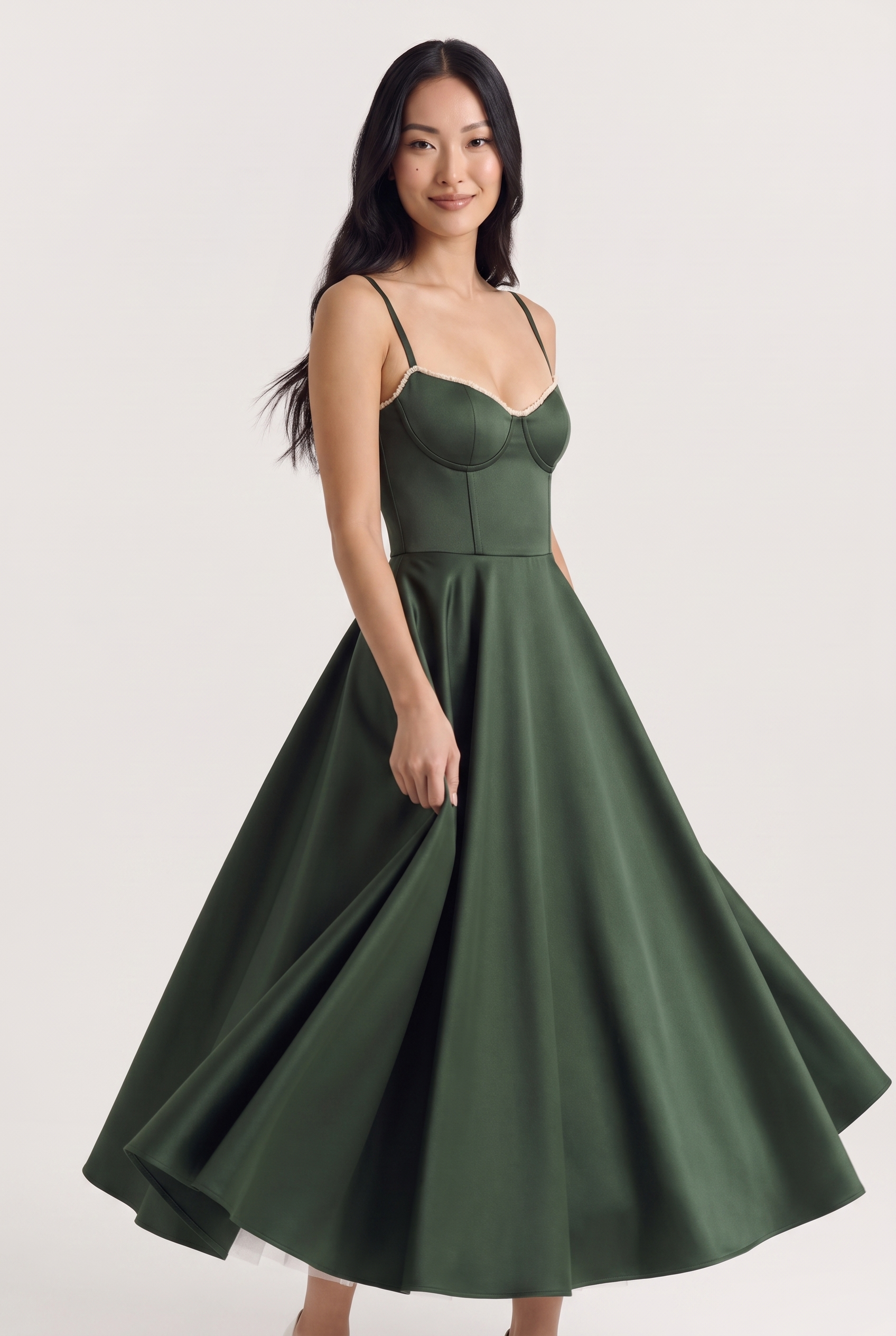 Forest Green Satin Corset Midi Dress with Tulle Hem