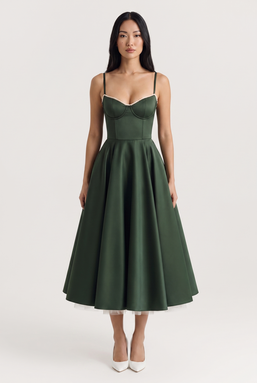 Forest Green Satin Corset Midi Dress with Tulle Hem - Front View