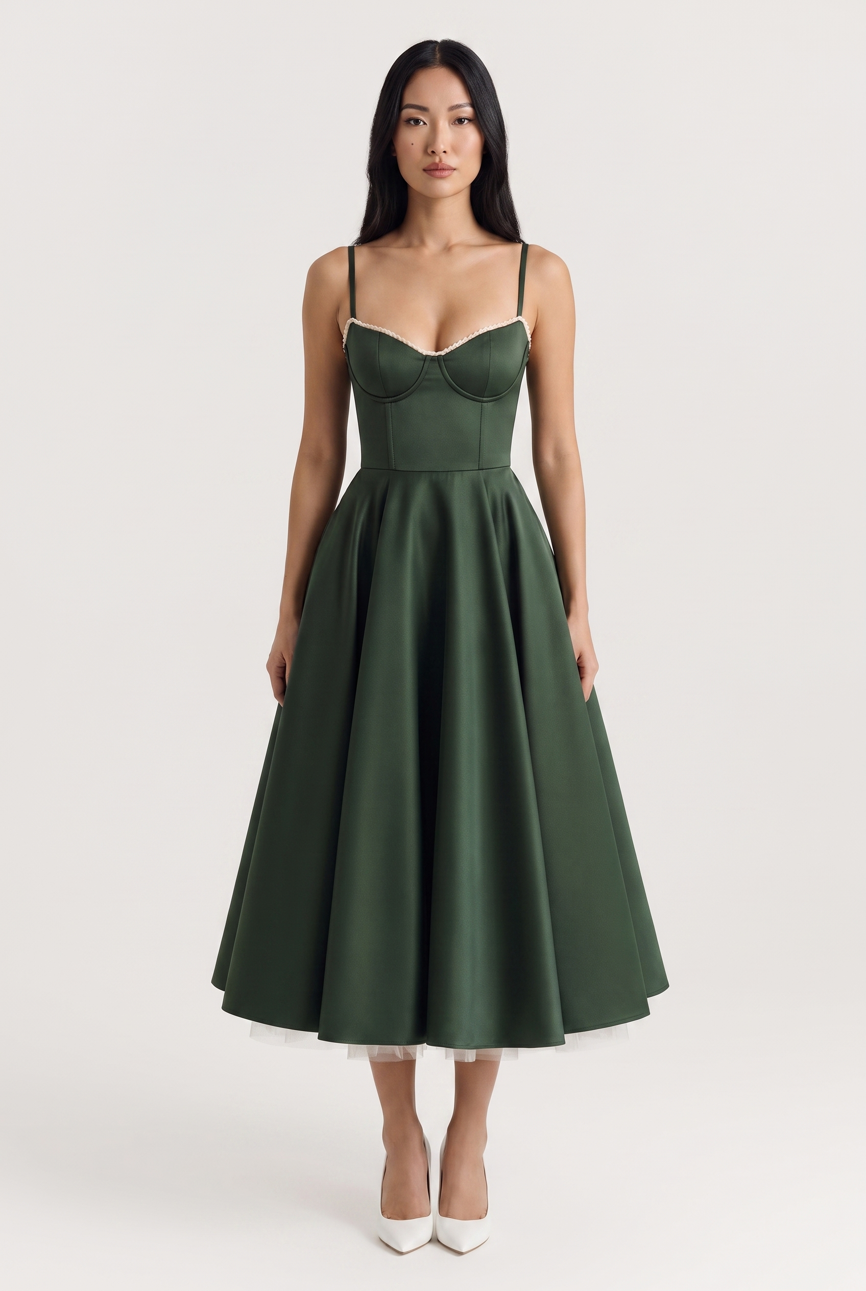 Forest Green Satin Corset Midi Dress with Tulle Hem - Front View