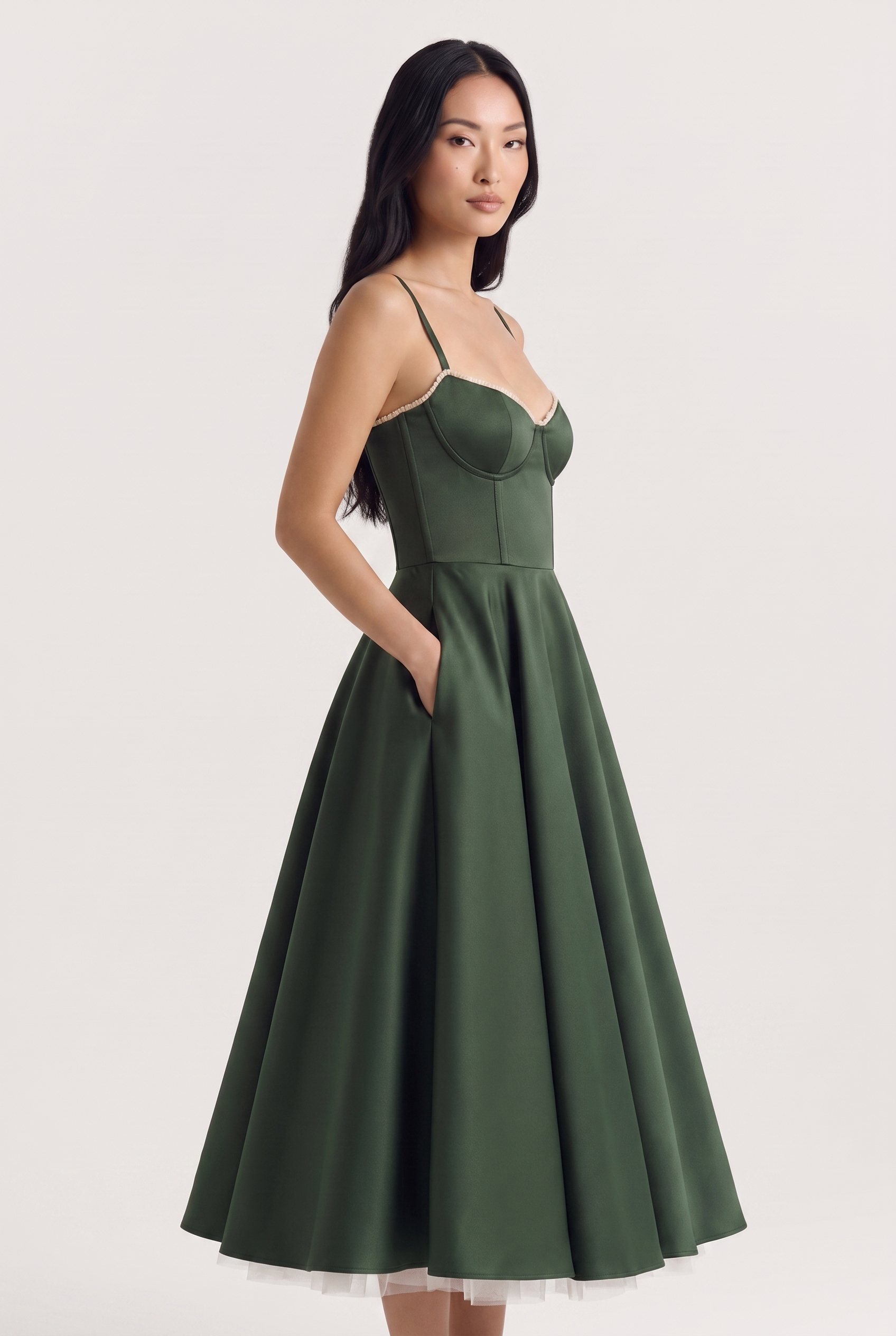 Forest Green Satin Corset Midi Dress with Tulle Hem - Side View with Pockets