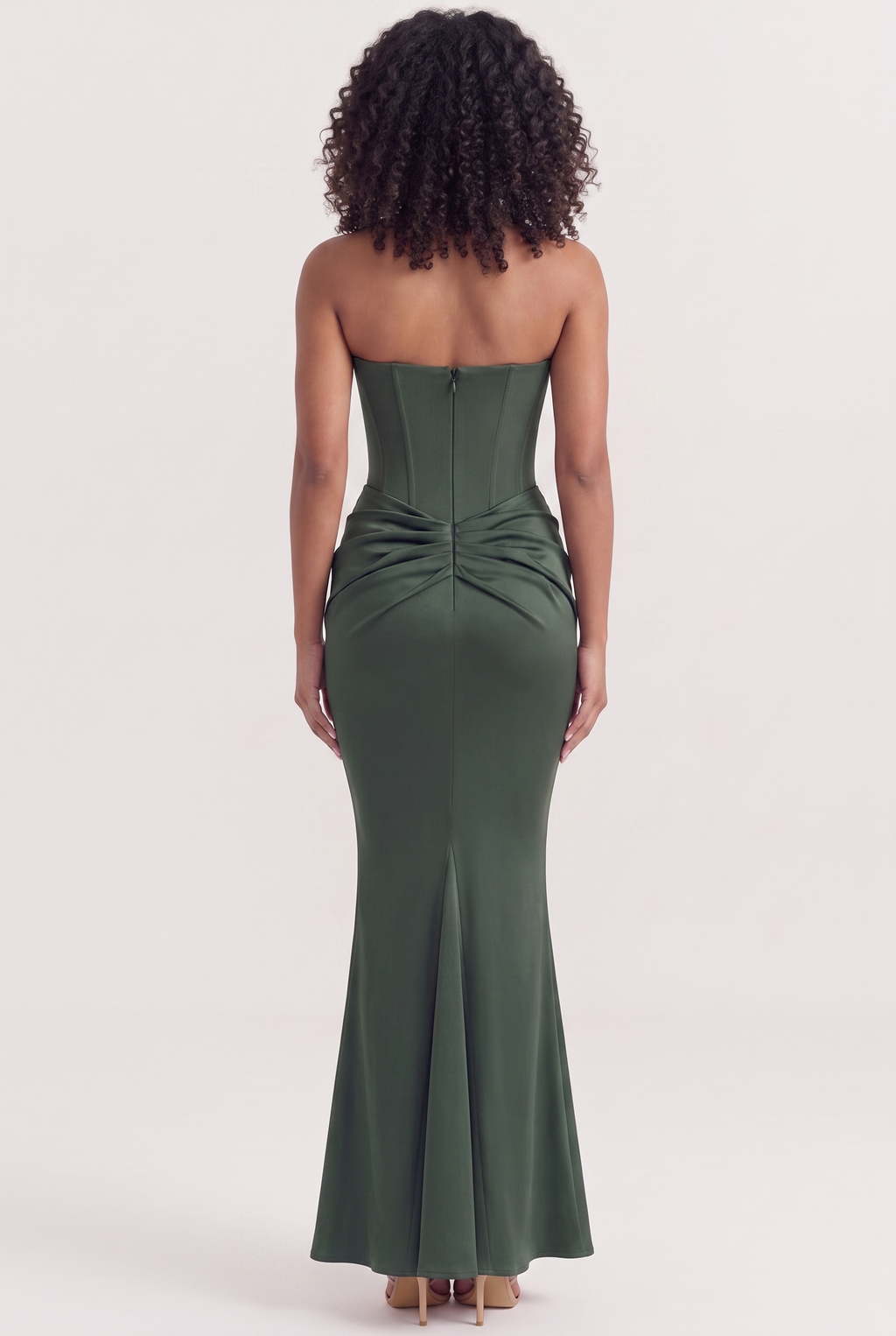 Forest Green Strapless Corset Maxi Dress with Draped Satin Skirt - Back View