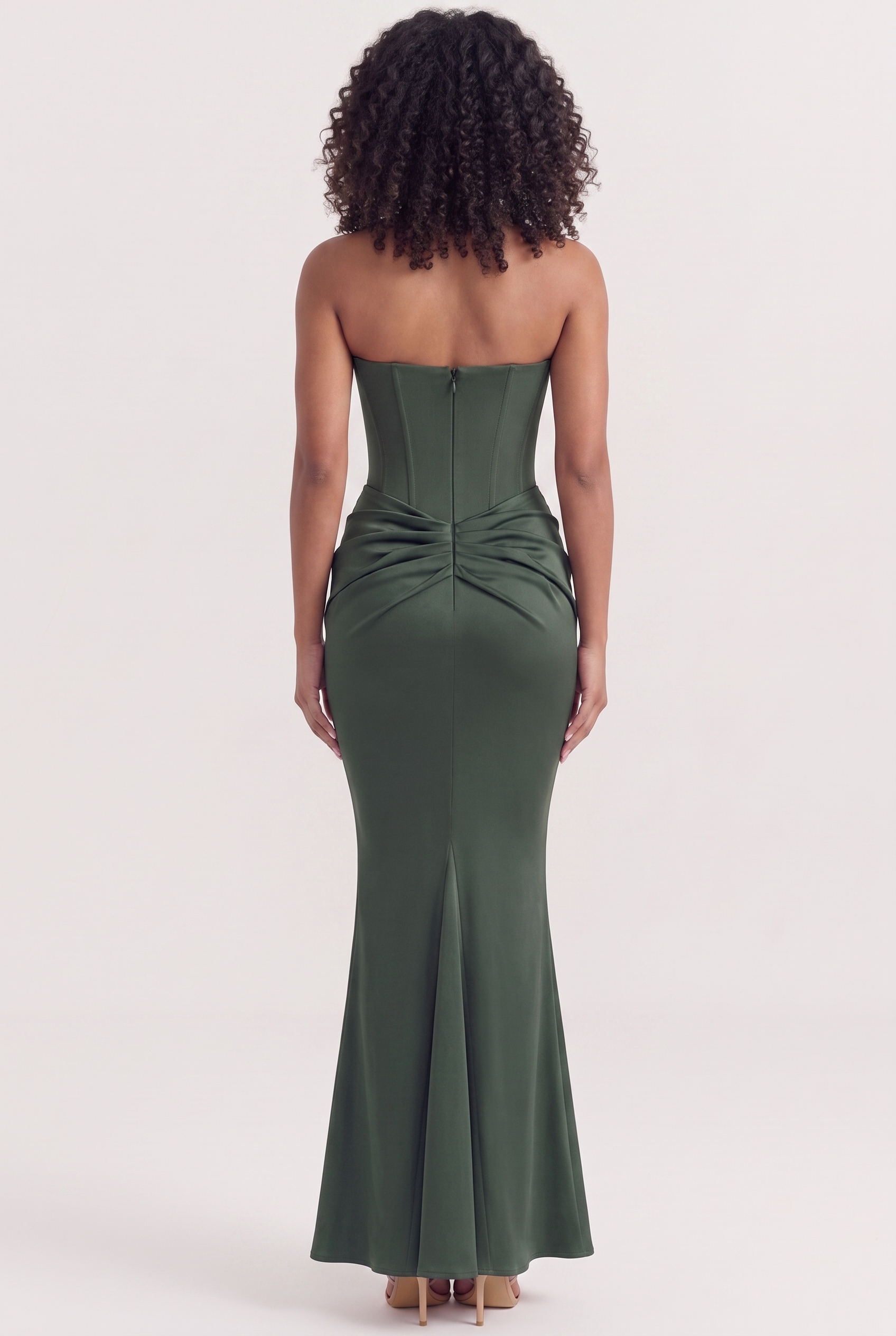 Forest Green Strapless Corset Maxi Dress with Draped Satin Skirt - Back View