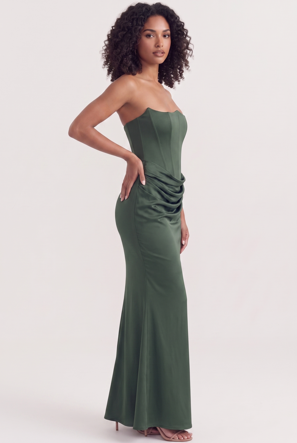 Forest Green Strapless Corset Maxi Dress with Draped Satin Skirt - Side View