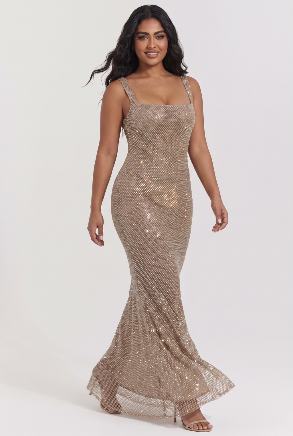 Gold Rhinestone Mesh Maxi Dress with Low Back - Front View in Motion