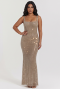 Gold Rhinestone Mesh Maxi Dress with Low Back - Front View