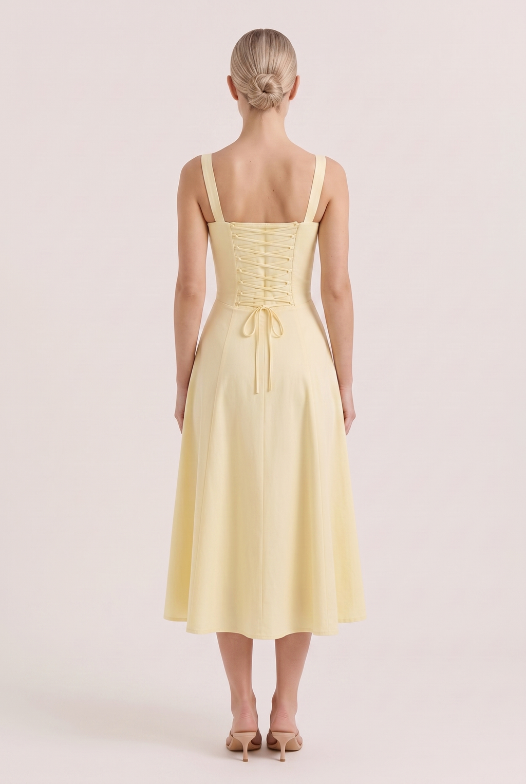 Light Yellow Corset Midi Dress with Side Slit - Back View